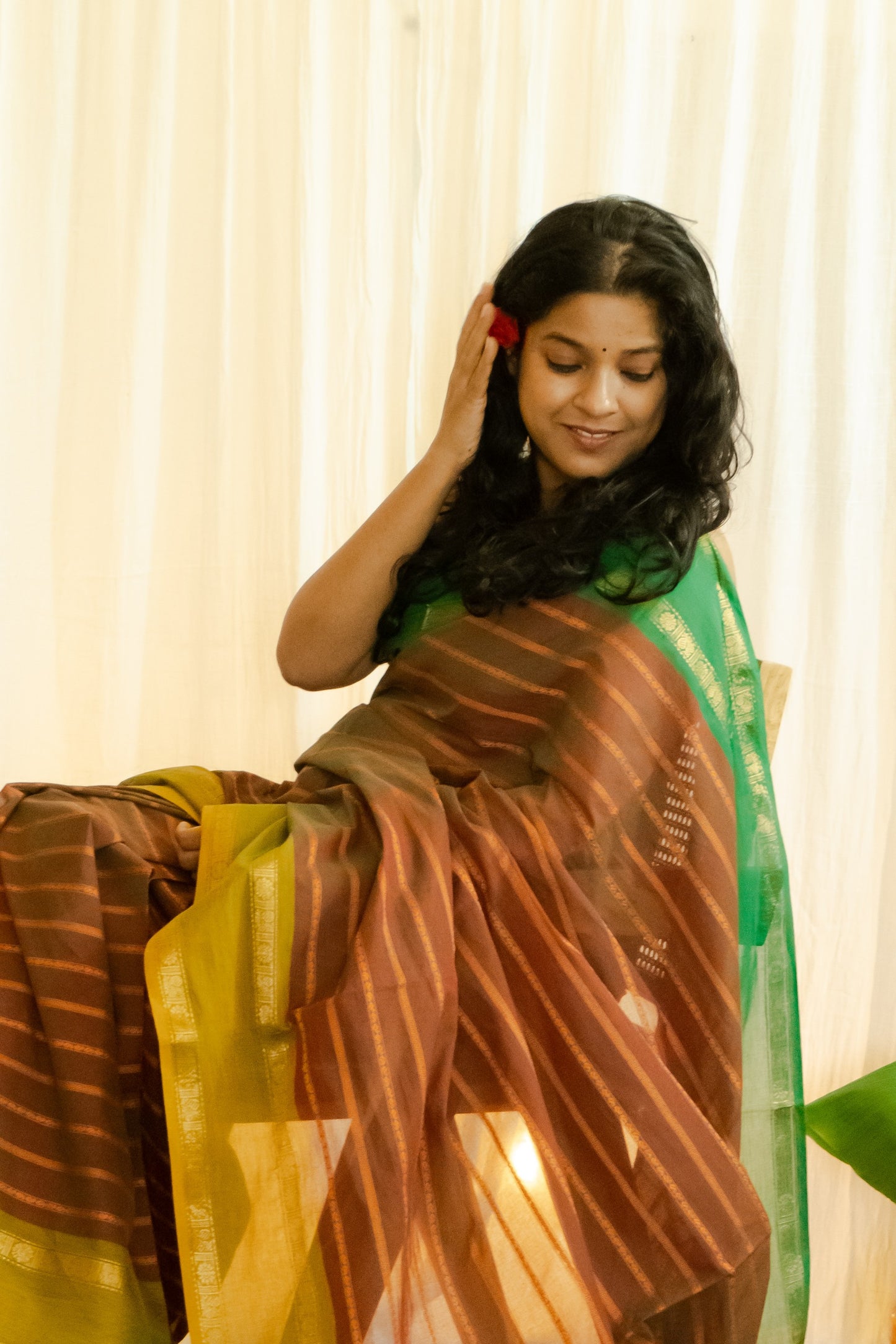 Chettinad Cotton Maroon Green Butti Stripes Saree