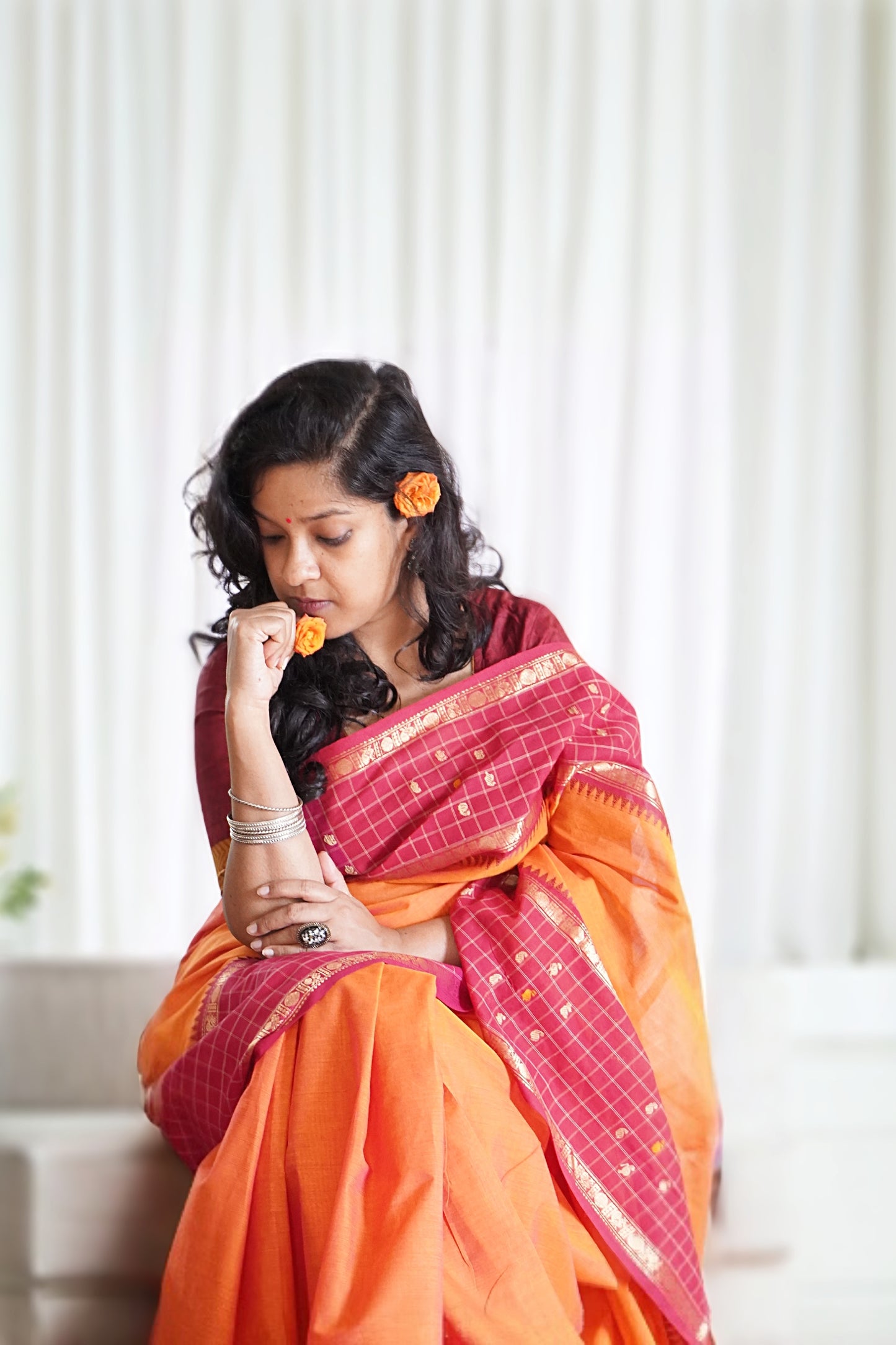 Chettinad Cotton Orange, Yellow Red Saree