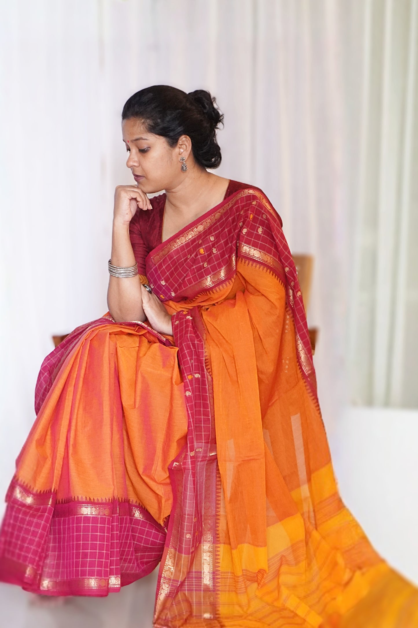 Chettinad Cotton Orange, Yellow Red Saree