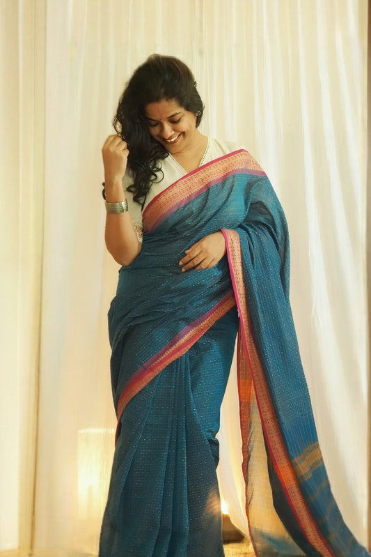 Chettinad Cotton Checks And Butta Blue Pink Saree