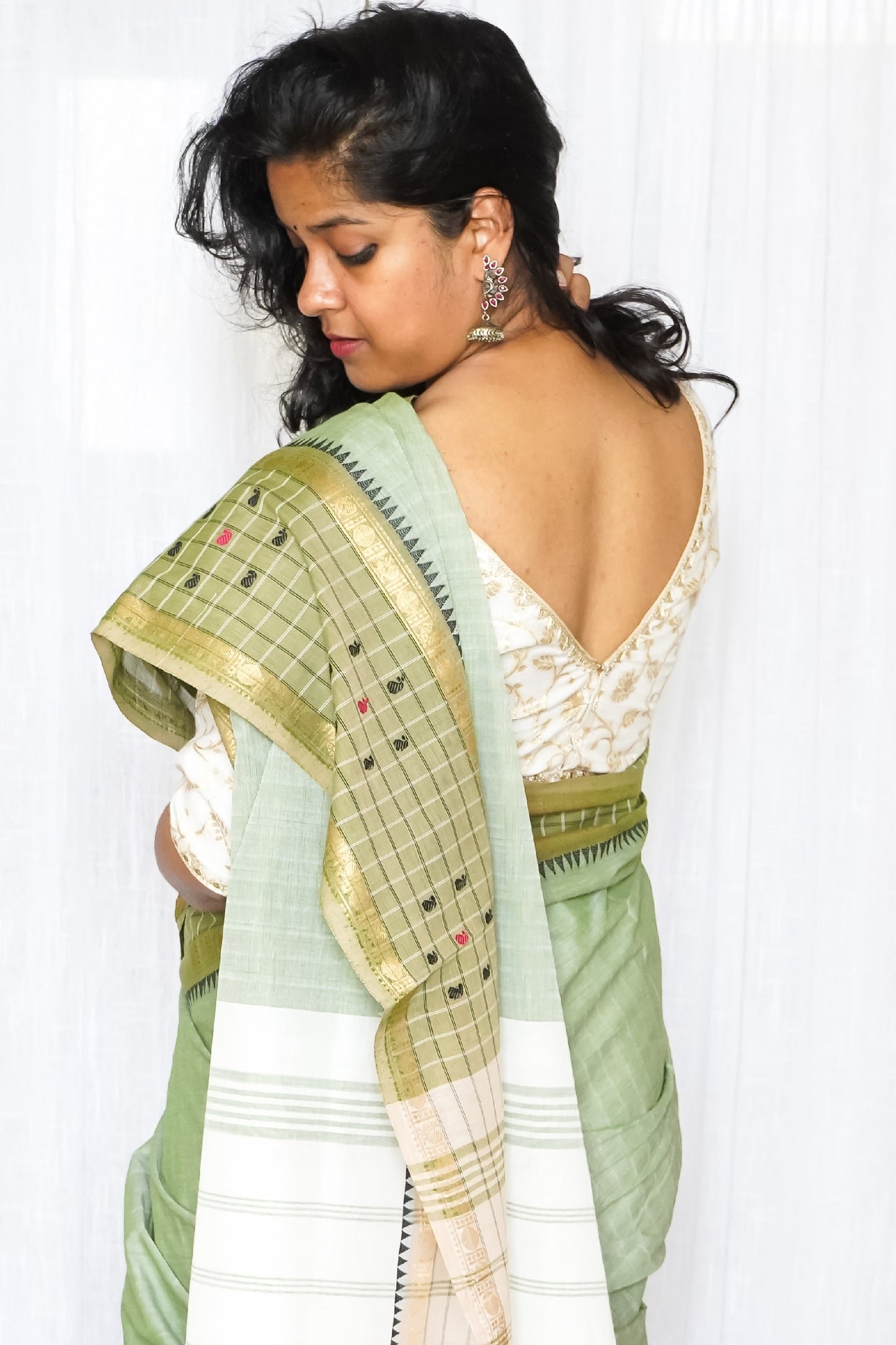 Chettinad Cotton Light Green and White Butta Saree