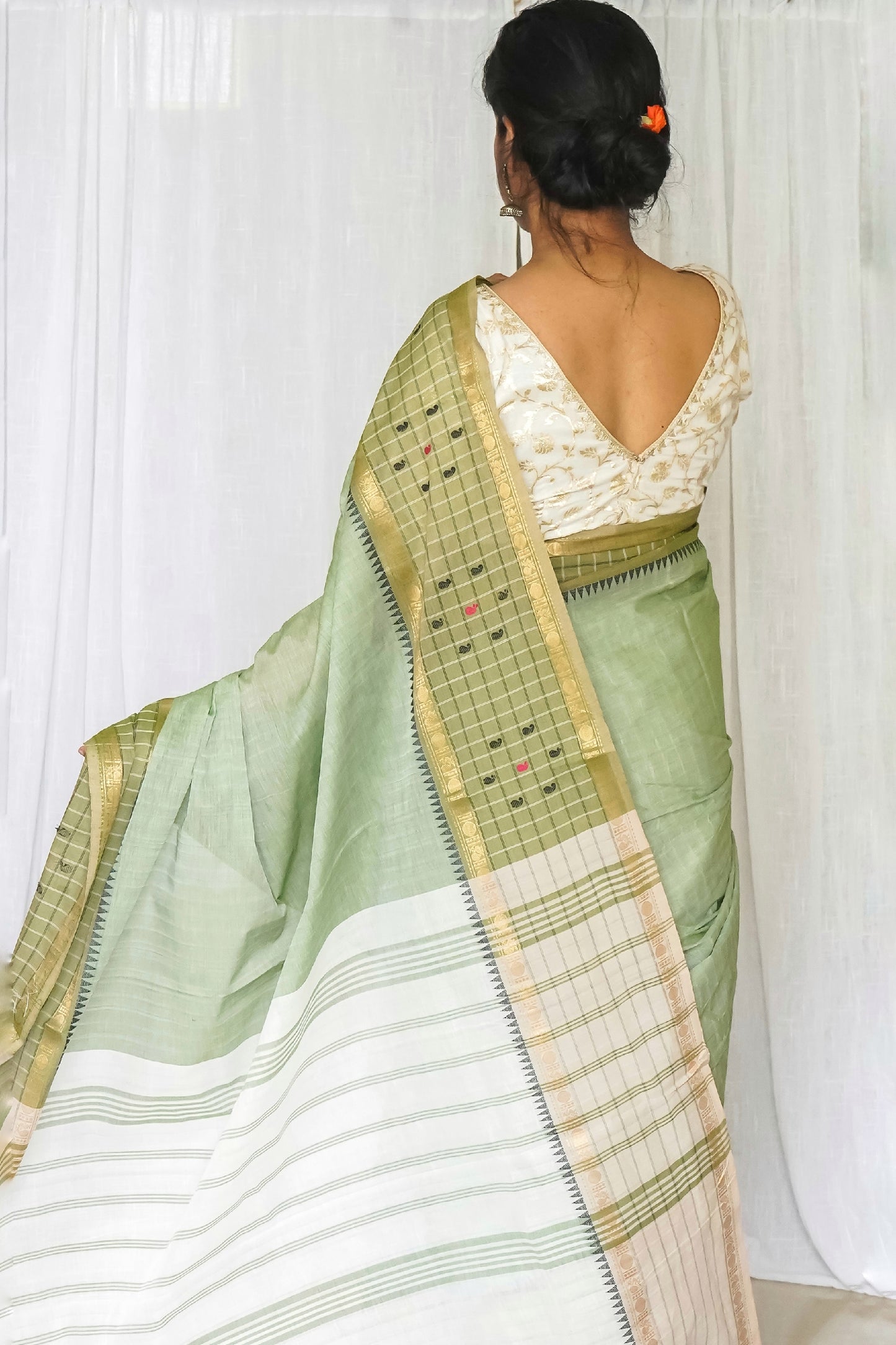 Chettinad Cotton Light Green and White Butta Saree