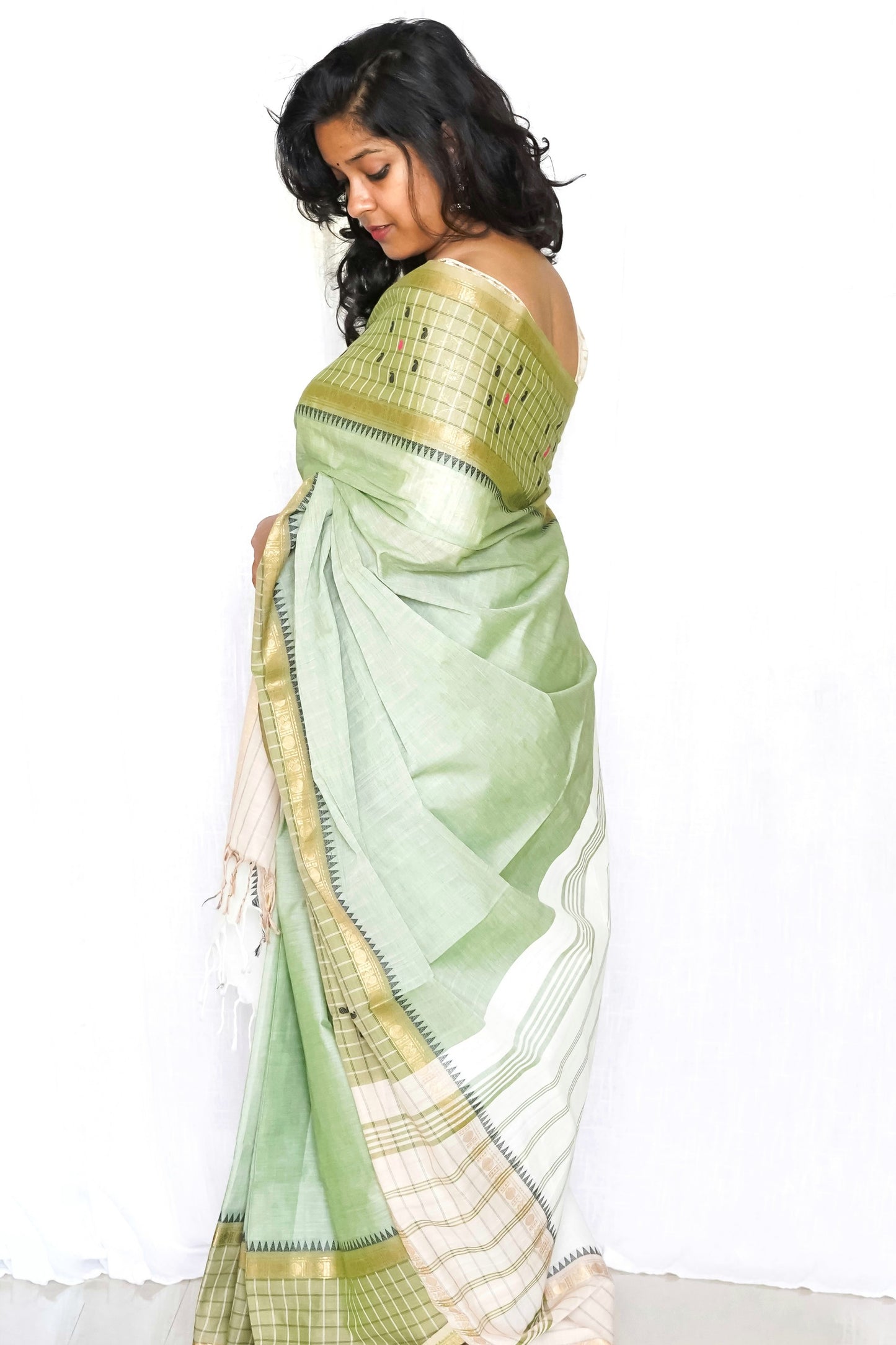 Chettinad Cotton Light Green and White Butta Saree