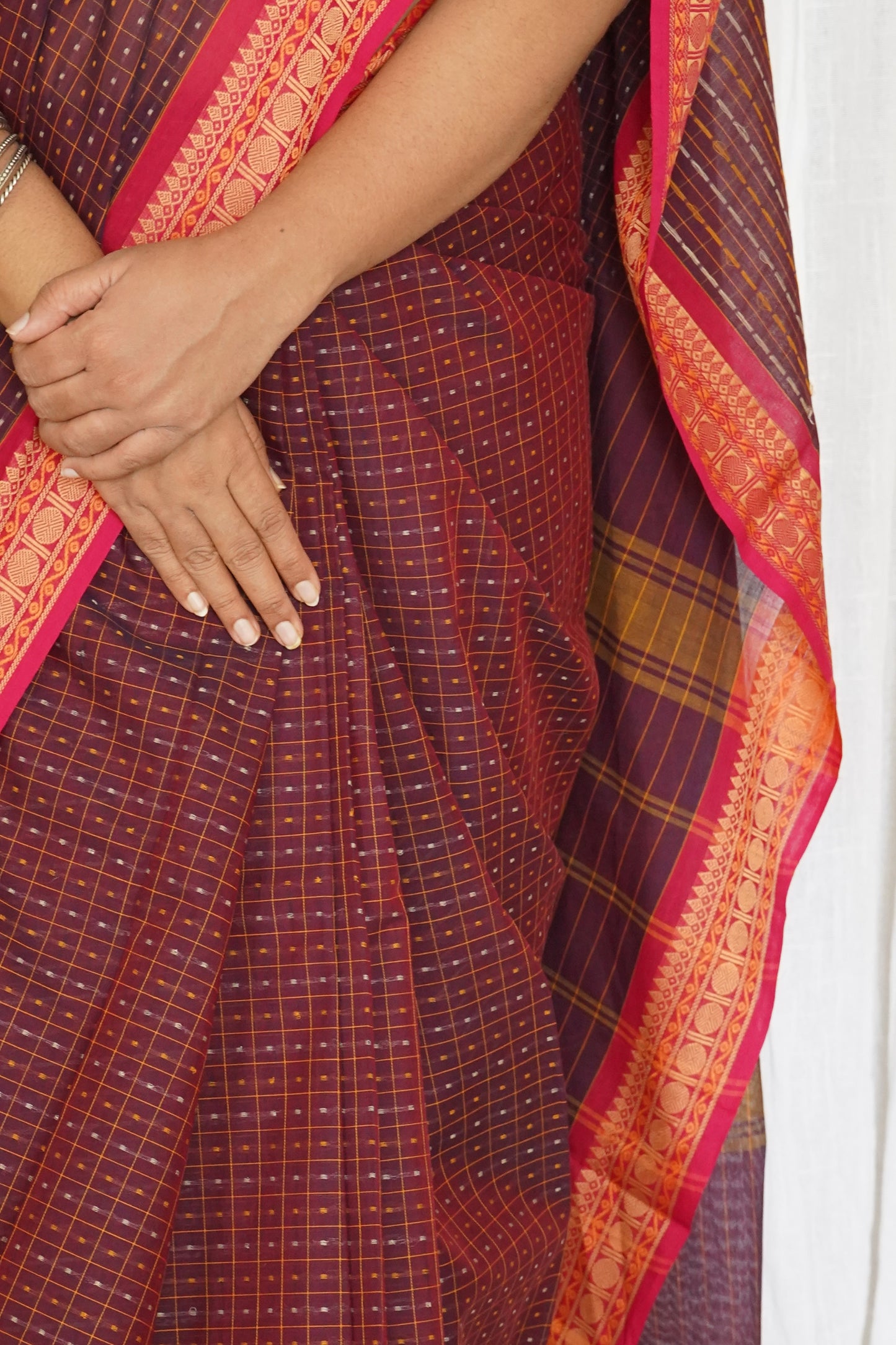 Chettinad Cotton Checks And Dots Pink Maroon Saree