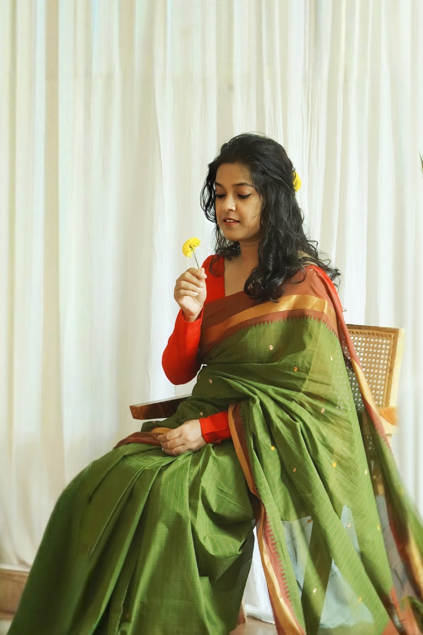 Chettinad Cotton Checks And Butta Green Saree