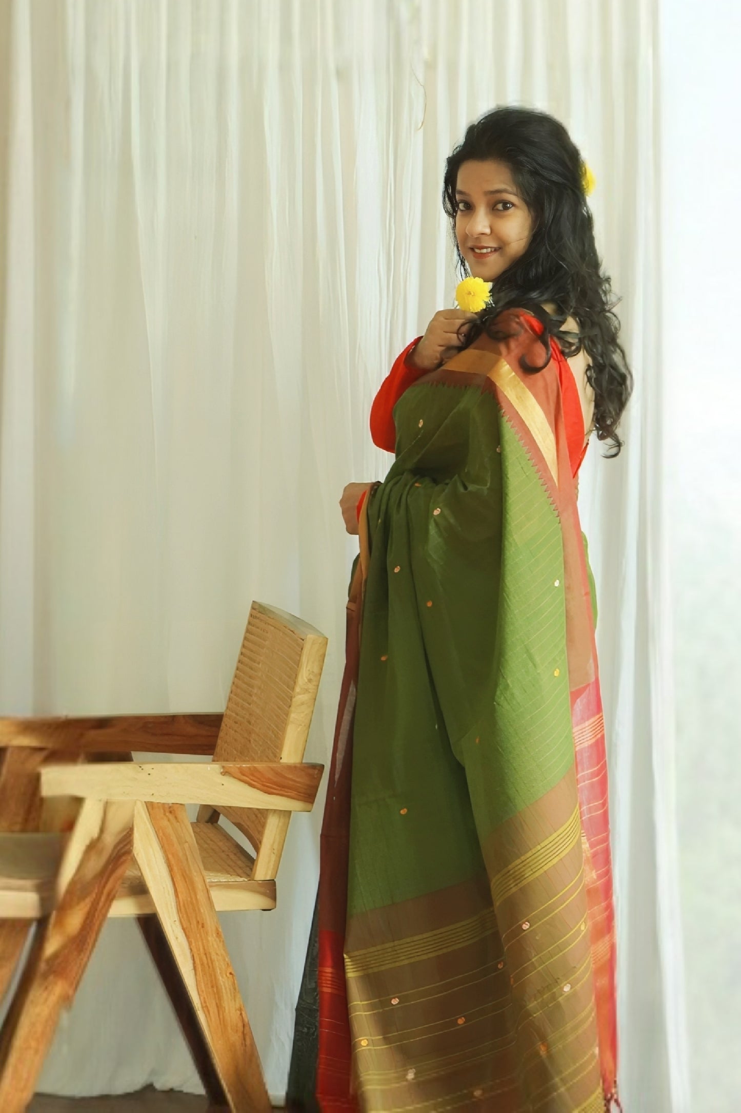 Chettinad Cotton Checks And Butta Green Saree