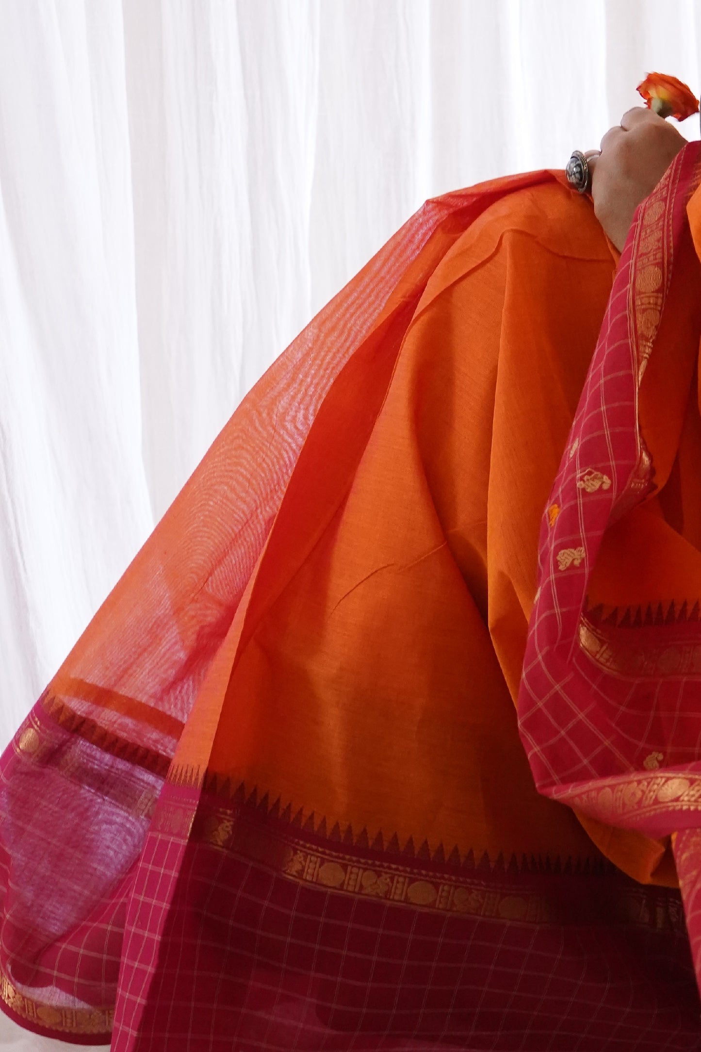 Chettinad Cotton Orange, Yellow Red Saree