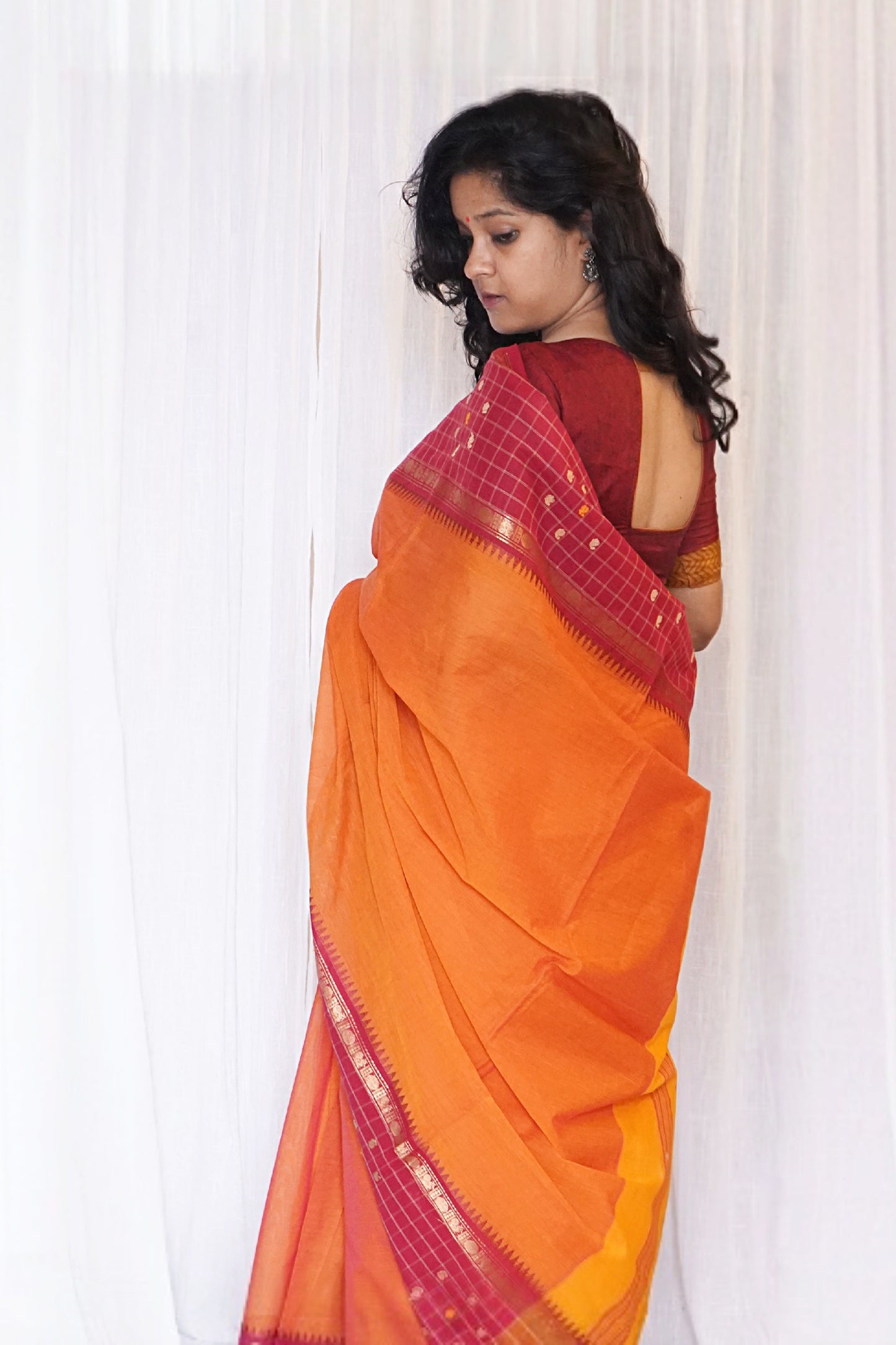 Chettinad Cotton Orange, Yellow Red Saree