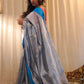 Grey Blue Pure Pattu Silk Chanderi Saree