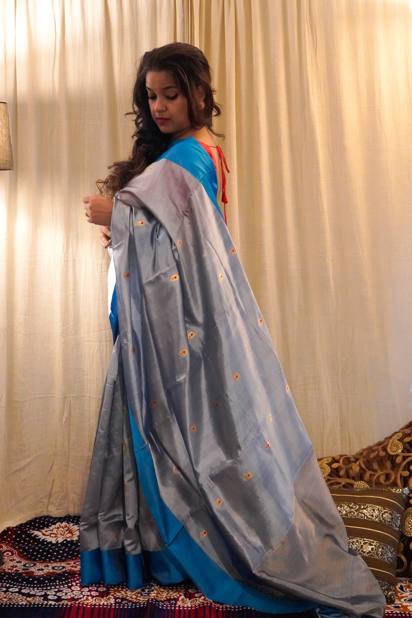 Grey Blue Pure Pattu Silk Chanderi Saree