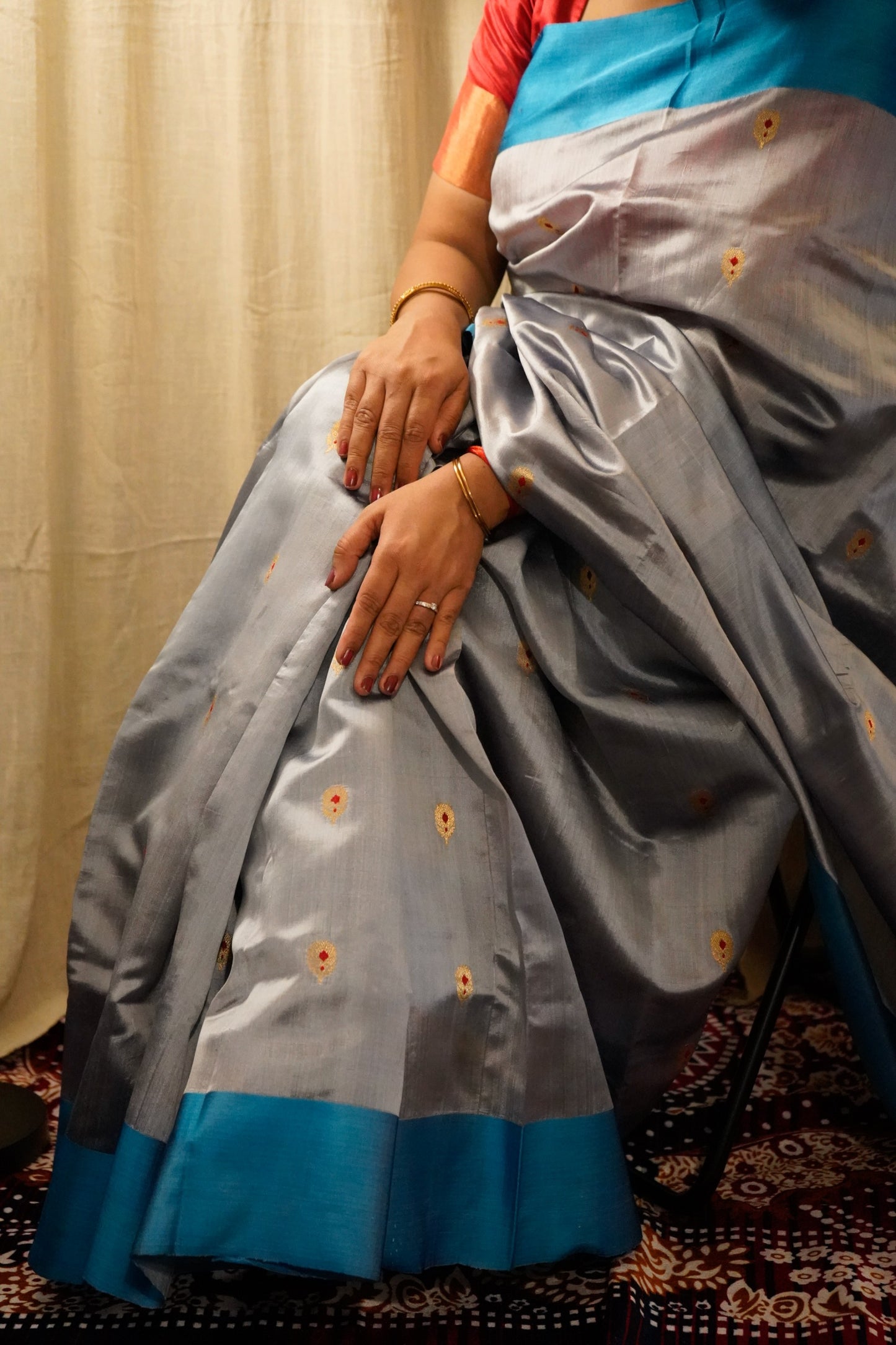 Grey Blue Pure Pattu Silk Chanderi Saree