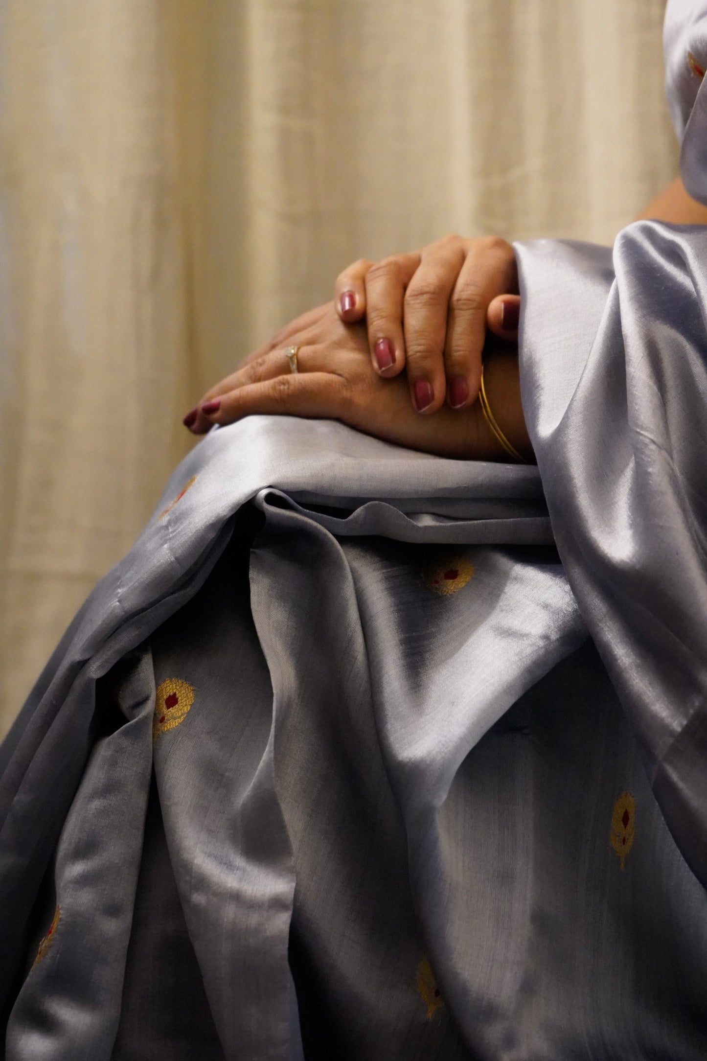 Grey Blue Pure Pattu Silk Chanderi Saree