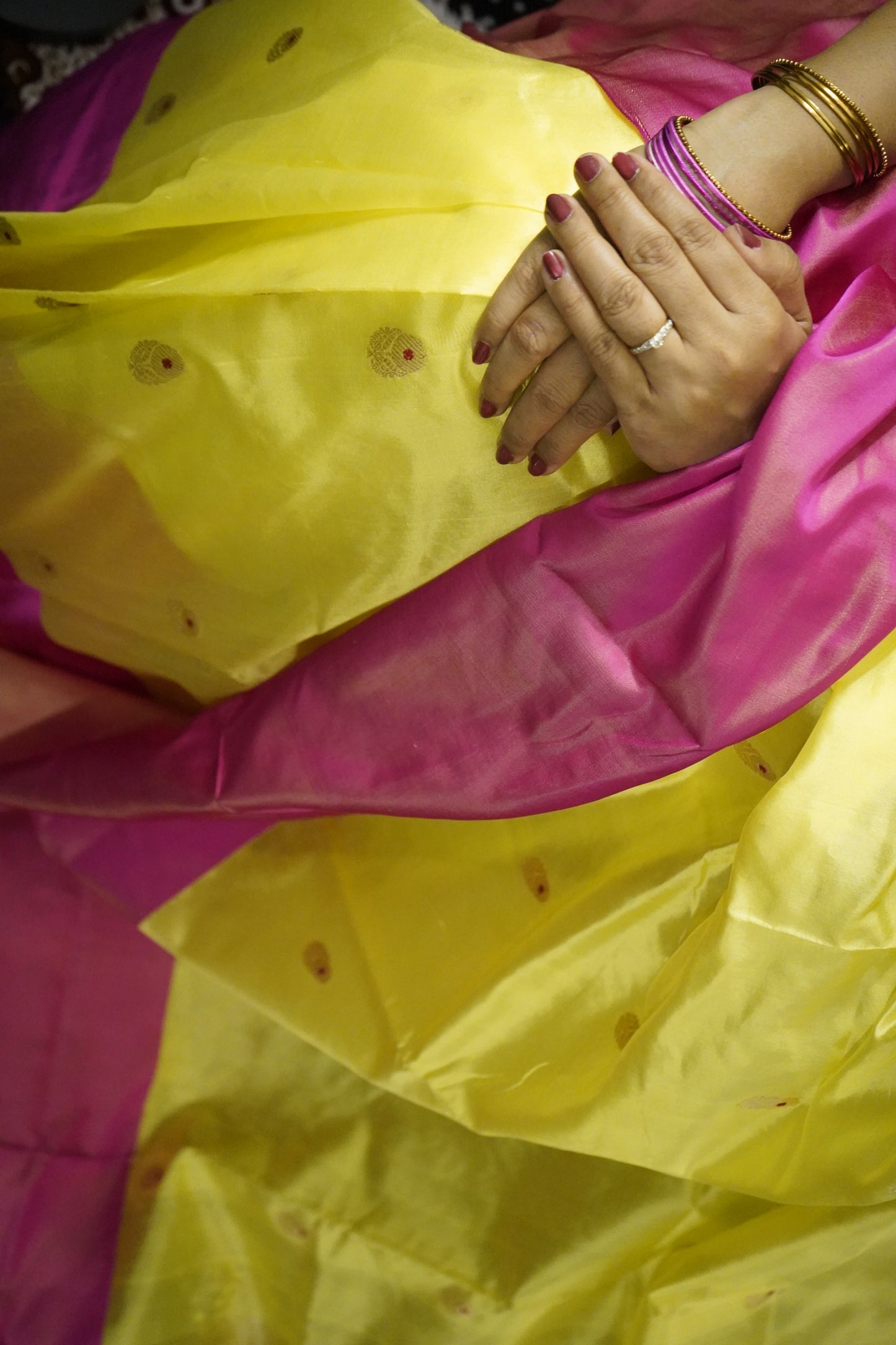 Yellow Pink Pure Pattu Silk Chanderi Saree