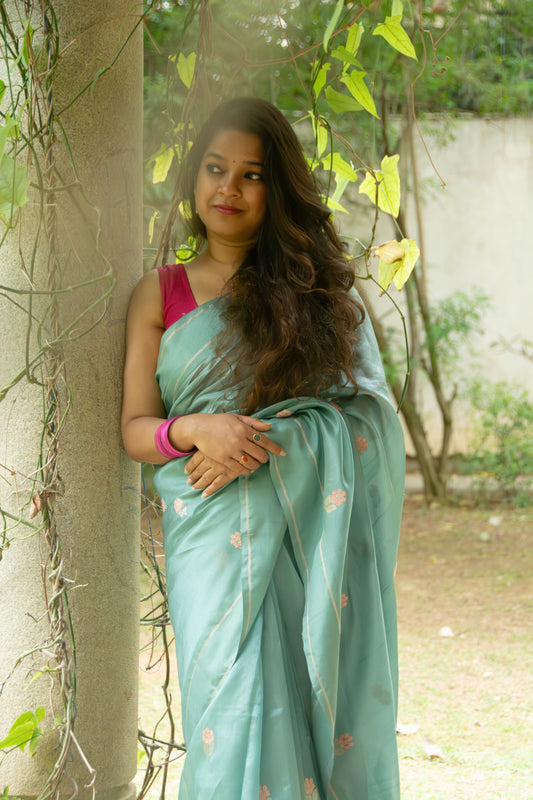 Seafoam Green Pure Chanderi Silk Saree