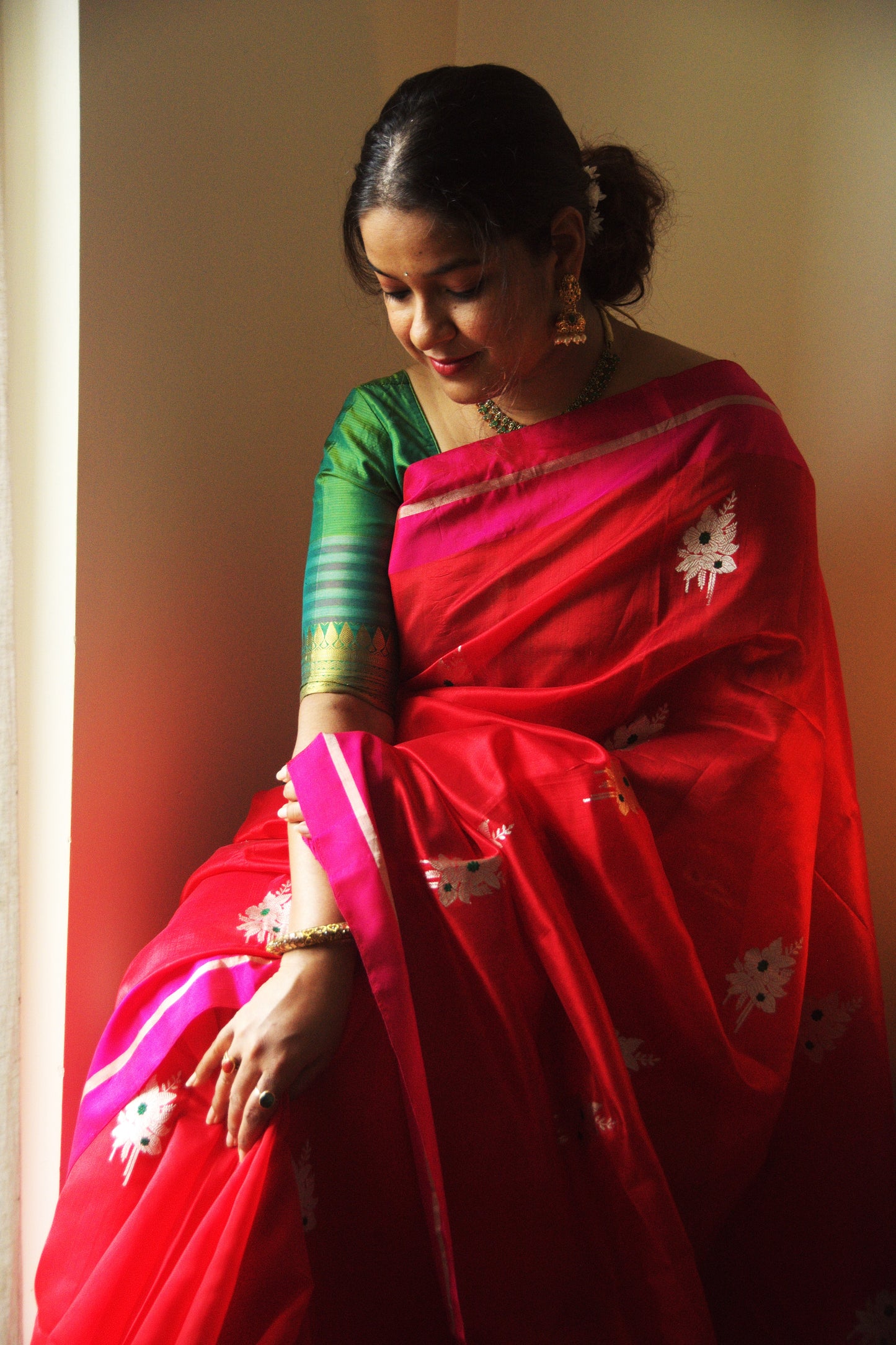 Red with Pink Border Pure Silk Chanderi Saree