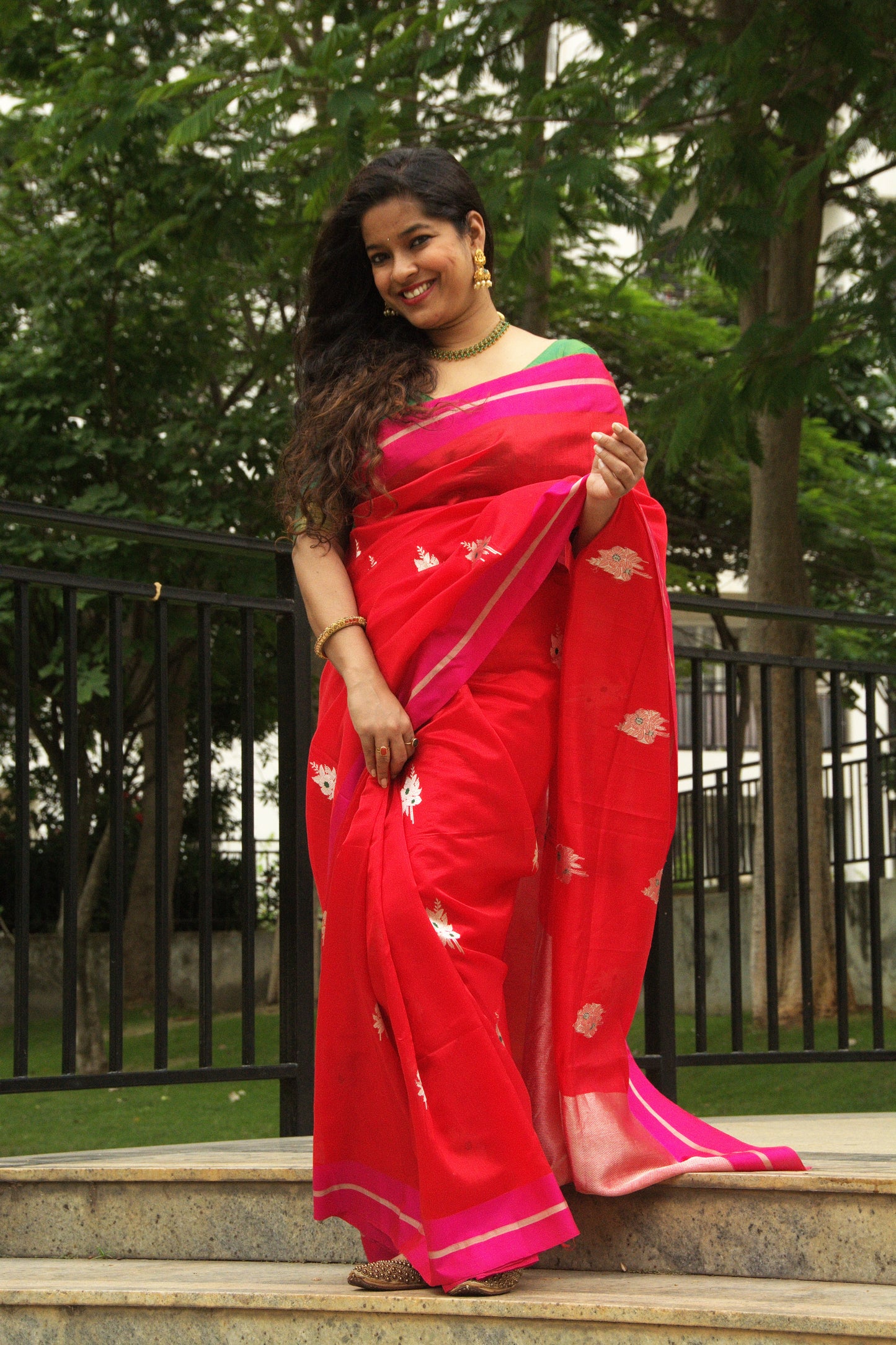 Red with Pink Border Pure Silk Chanderi Saree