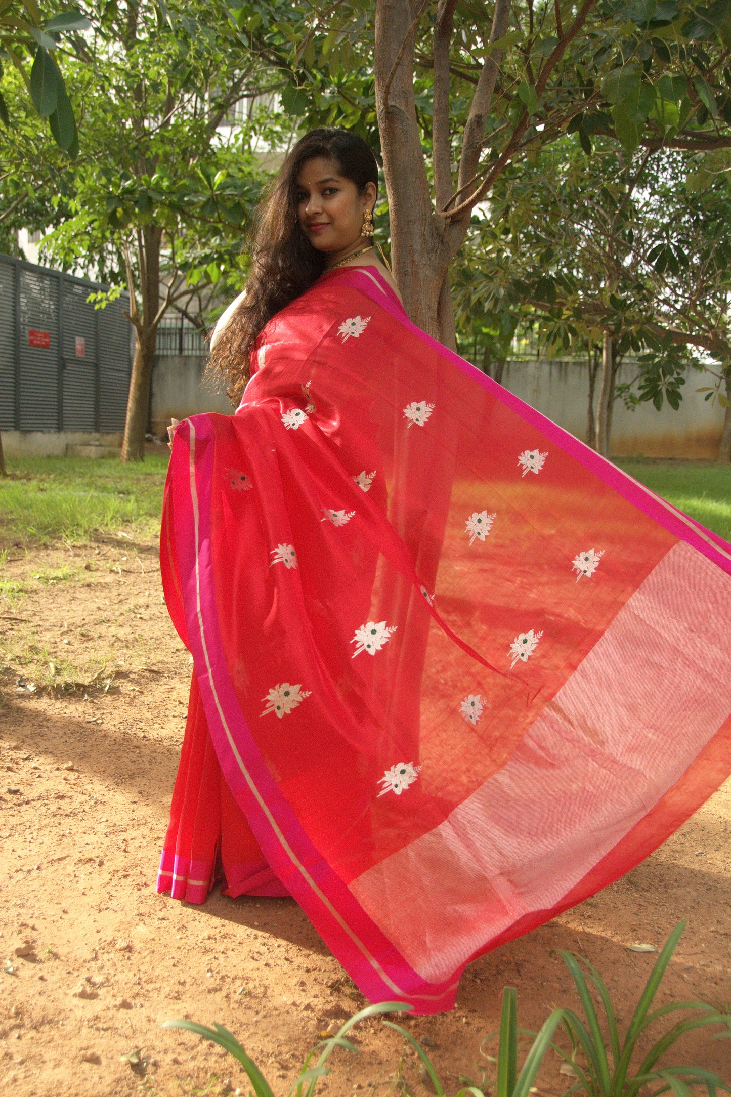 Red with Pink Border Pure Silk Chanderi Saree