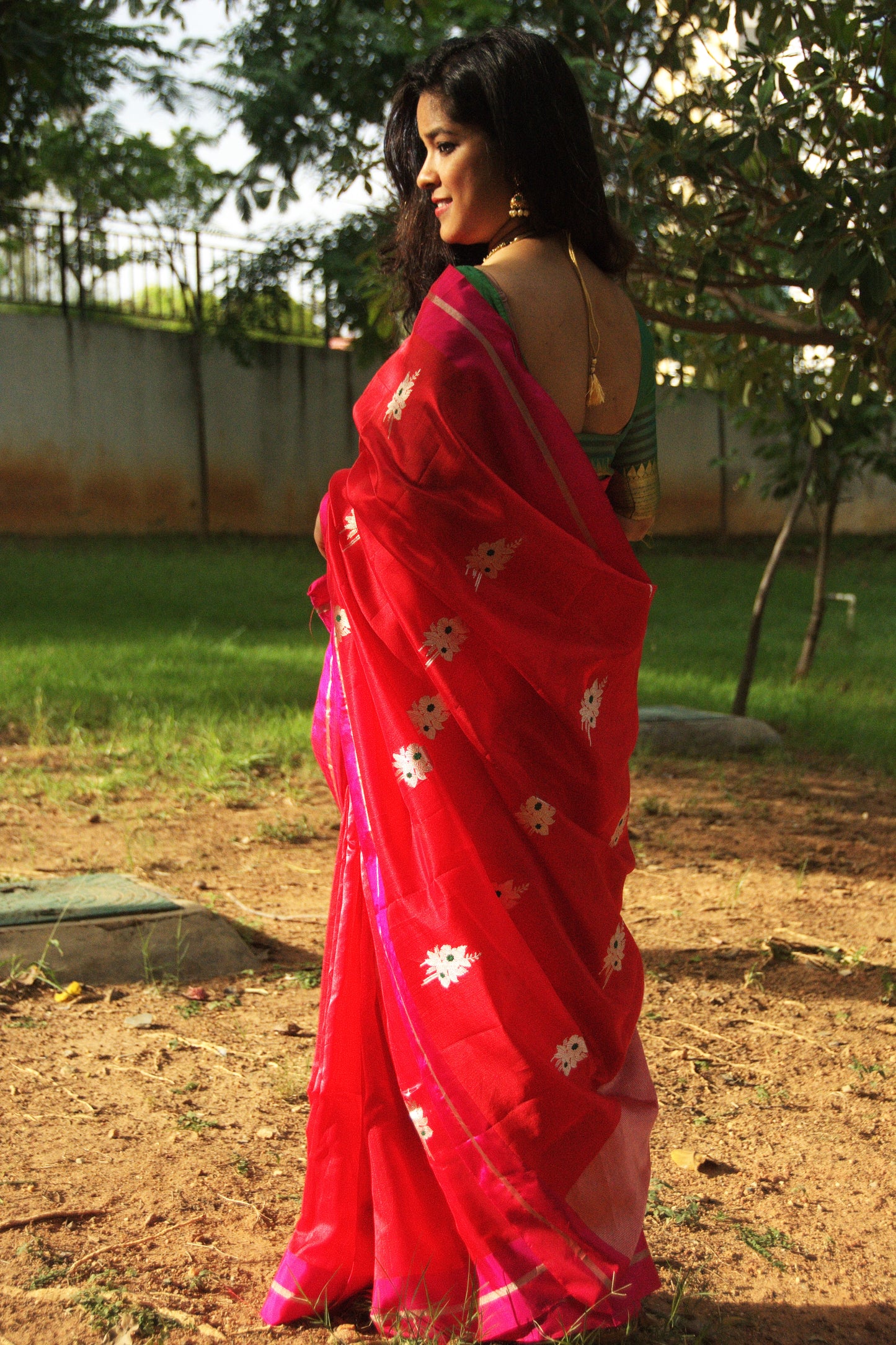 Red with Pink Border Pure Silk Chanderi Saree