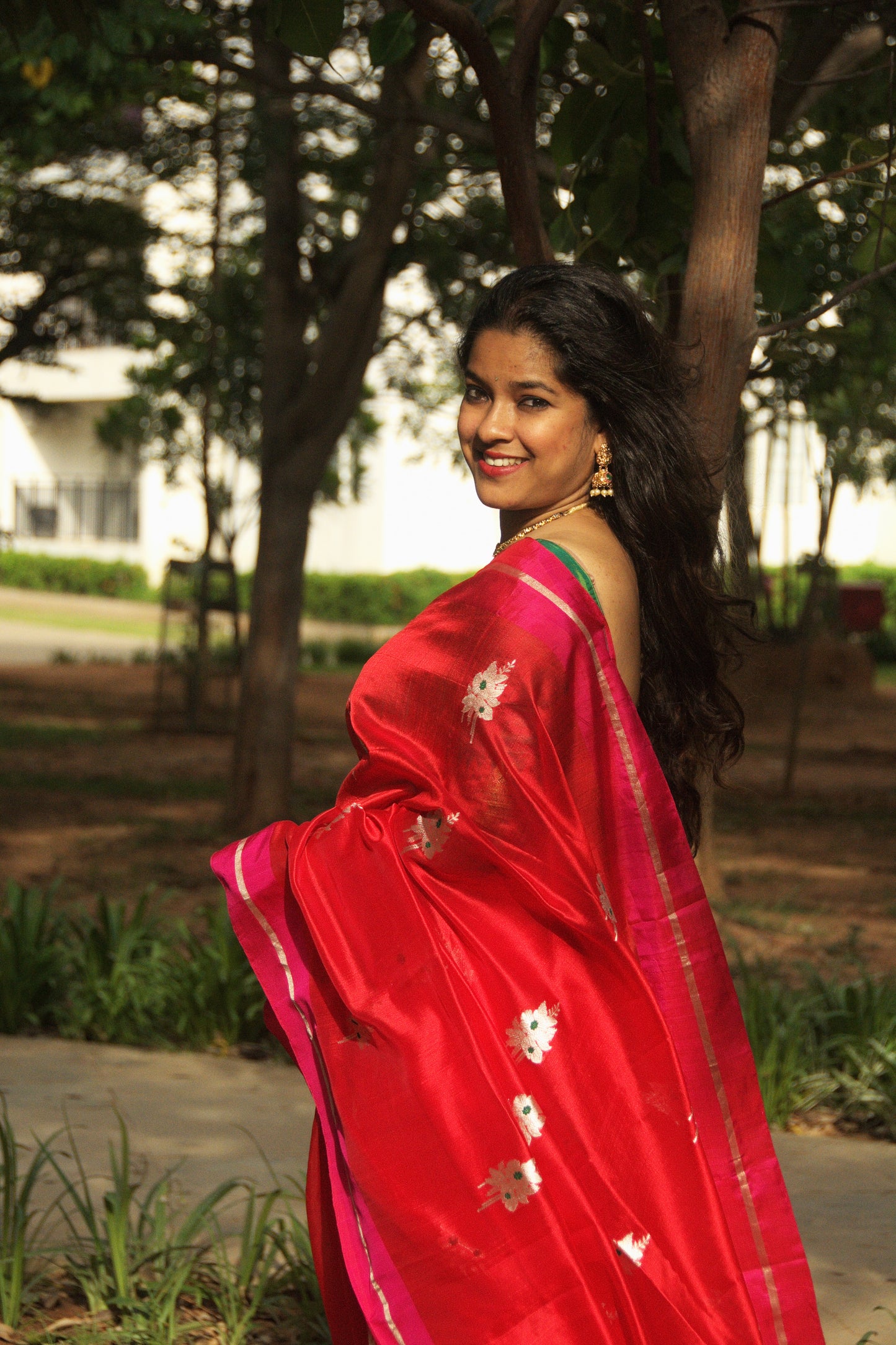 Red with Pink Border Pure Silk Chanderi Saree
