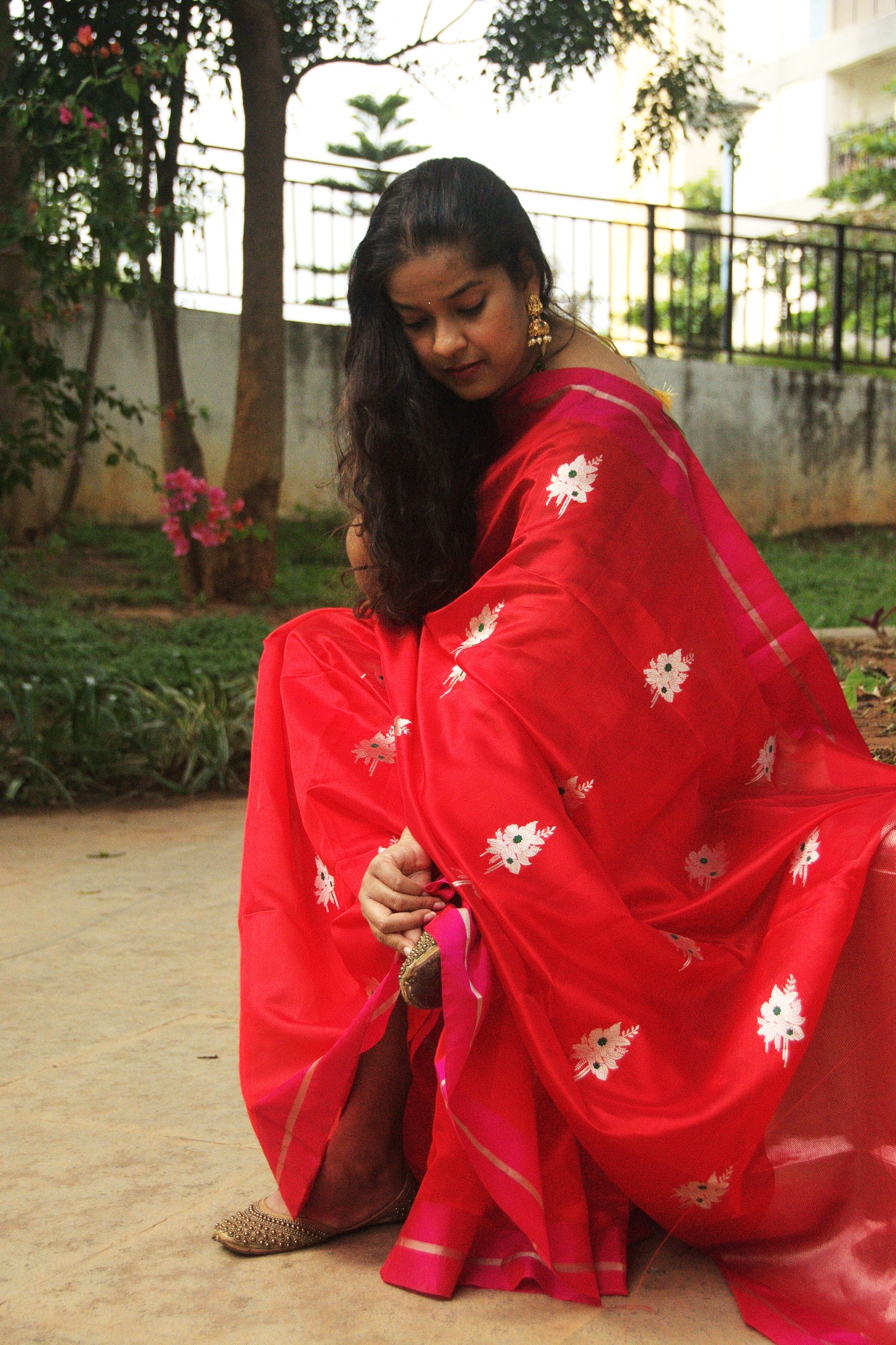 Red with Pink Border Pure Silk Chanderi Saree