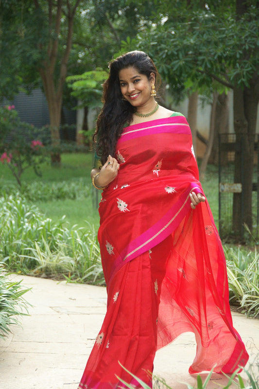 Red with Pink Border Pure Silk Chanderi Saree