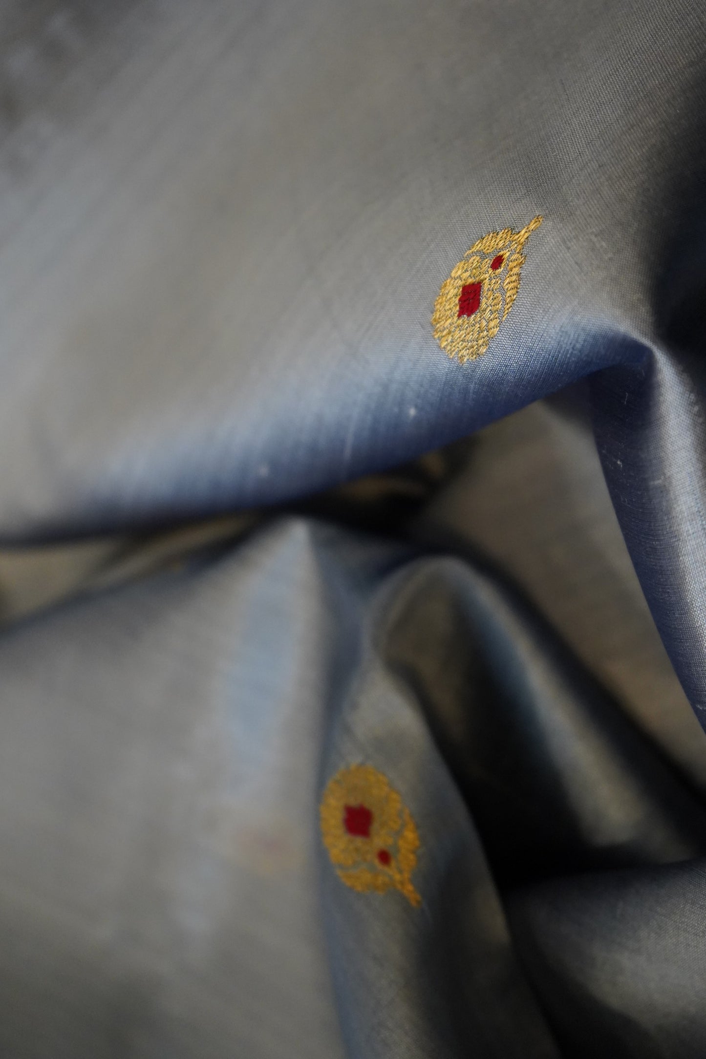 Grey Blue Pure Pattu Silk Chanderi Saree