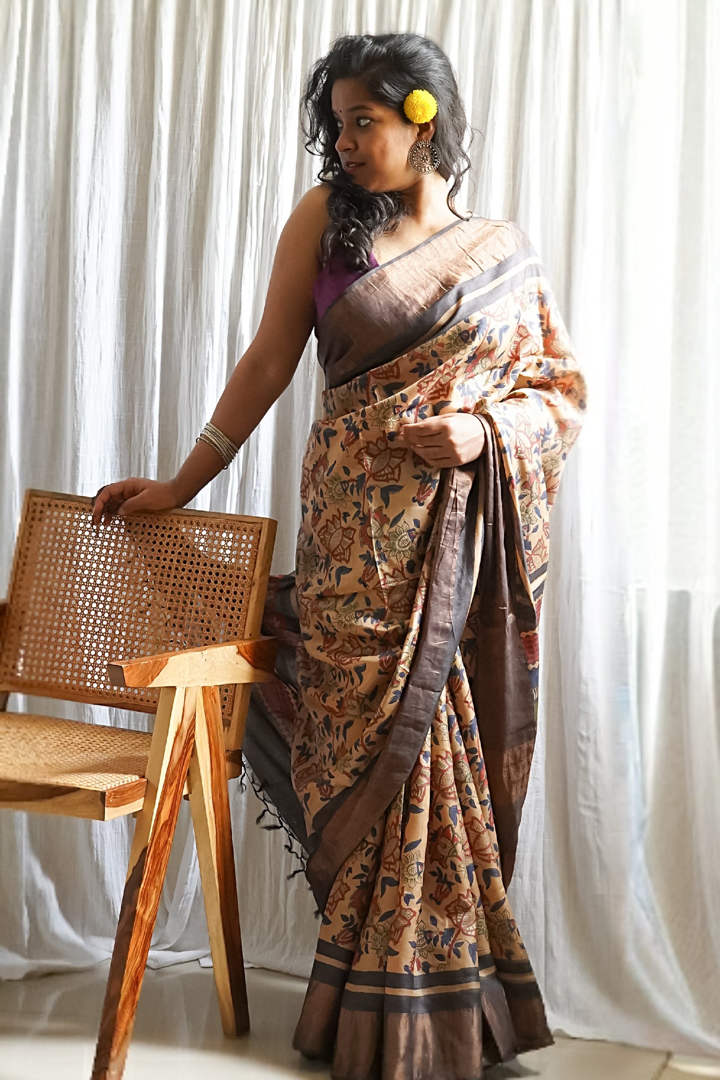 Beige Printed Pure Tussar Saree