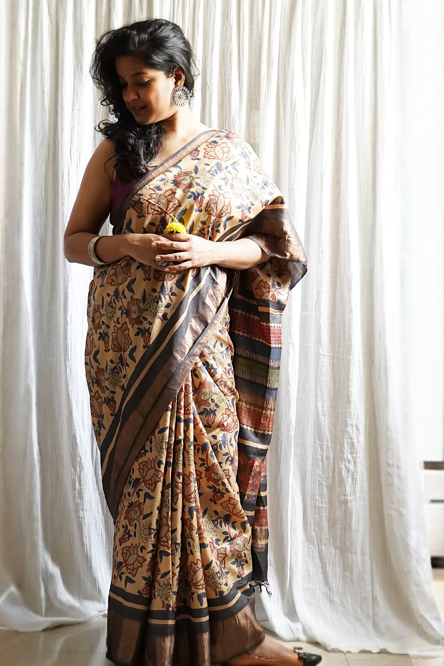 Beige Printed Pure Tussar Saree