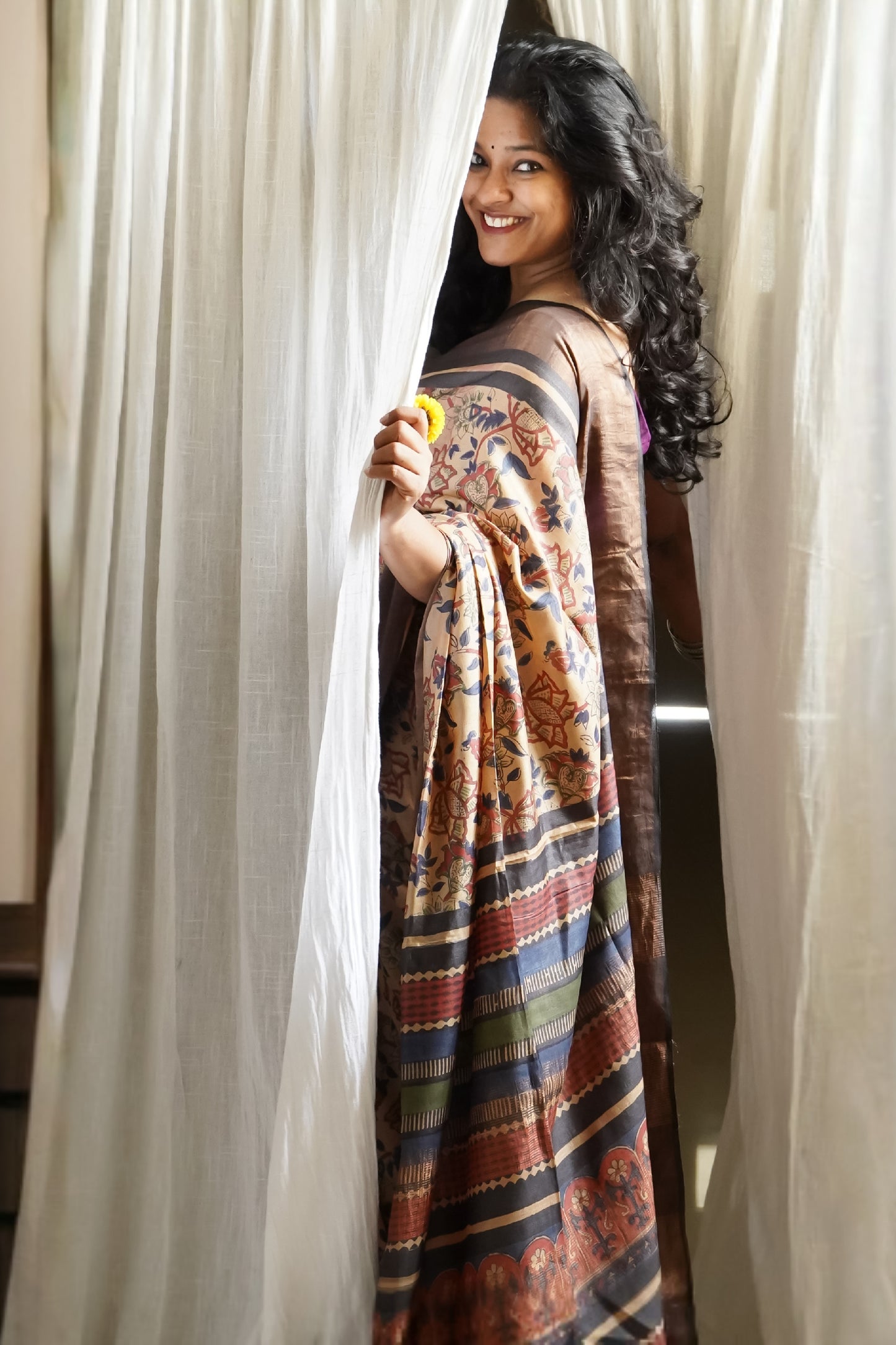 Beige Printed Pure Tussar Saree