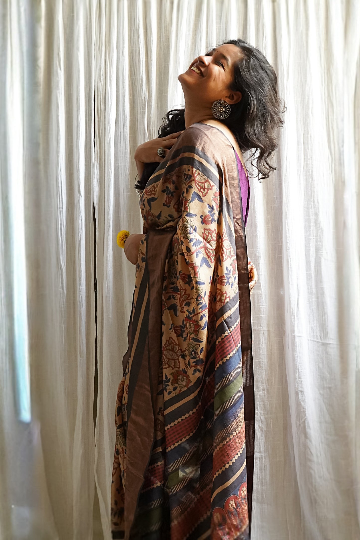 Beige Printed Pure Tussar Saree