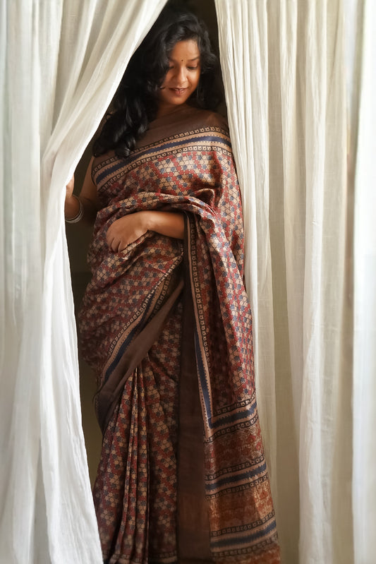 Black Printed Pure Tussar Saree