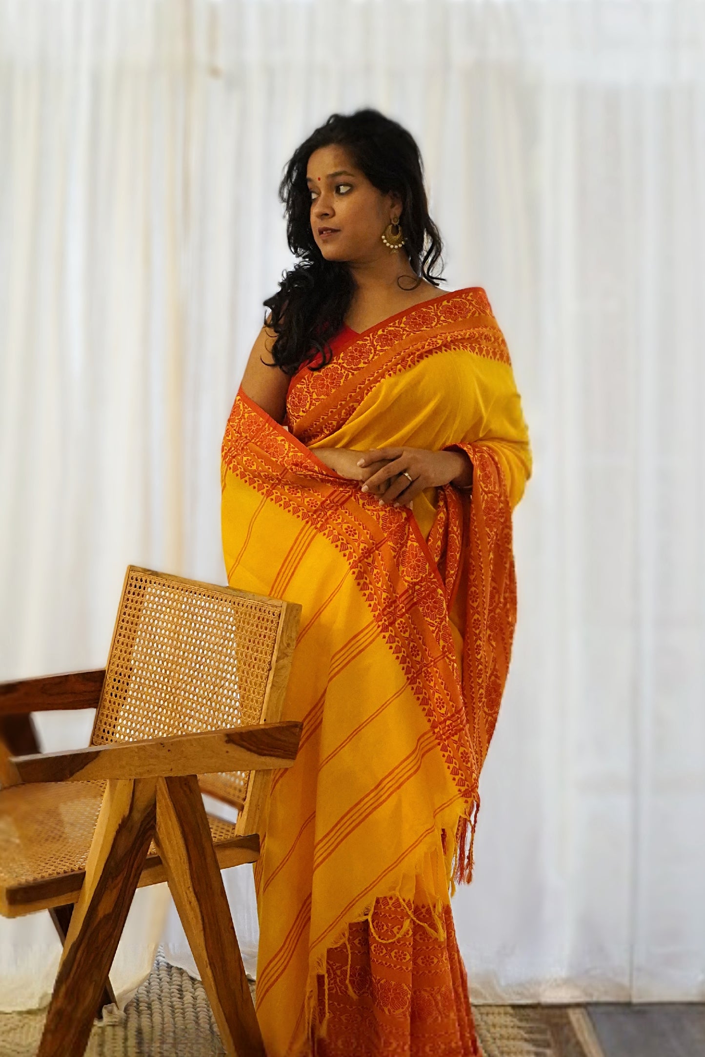 Yellow Pure Cotton Bengal Handloom Saree with Red Border