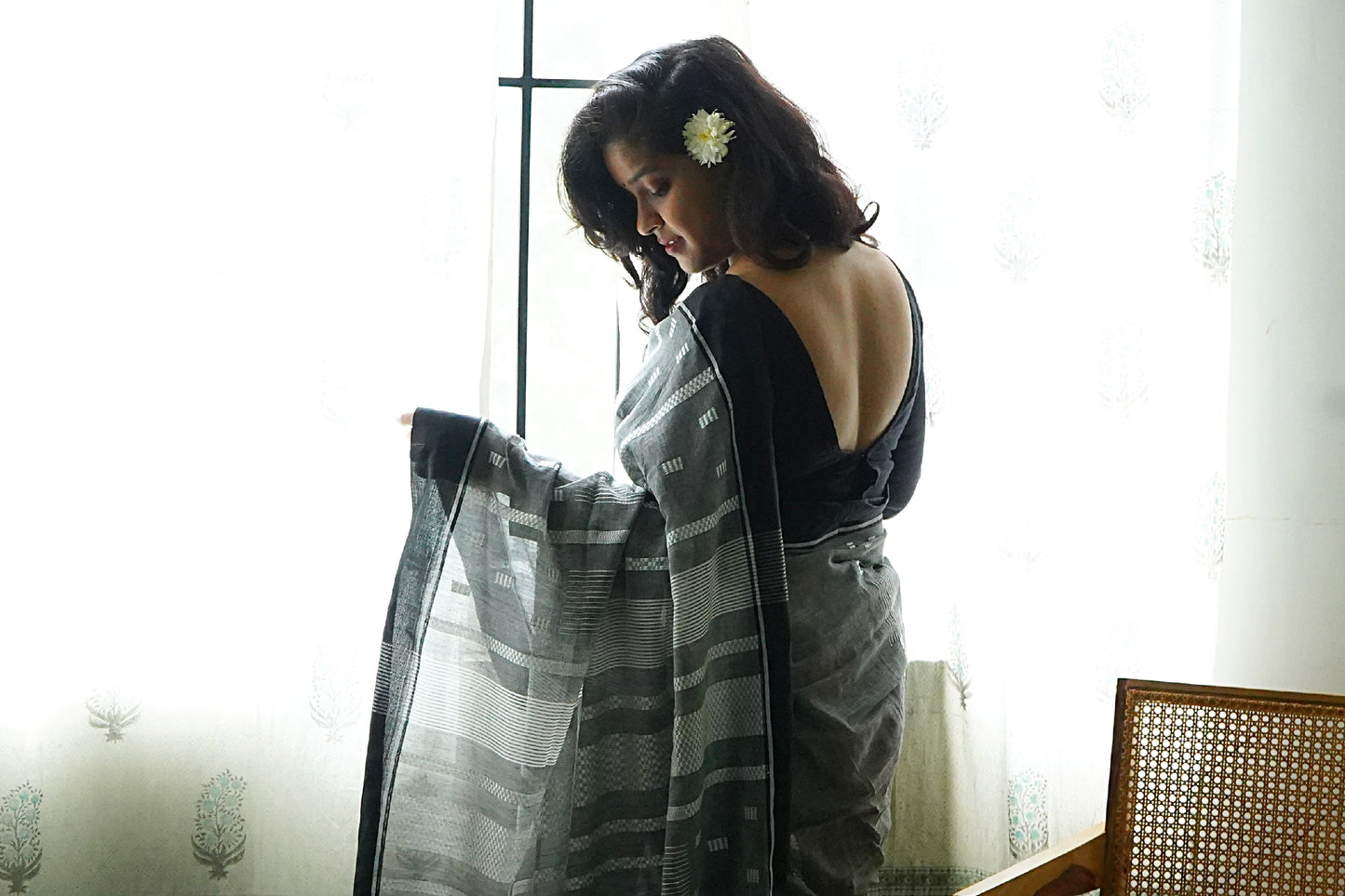 Grey Bengal Handloom Cotton Saree with Woven Stripes