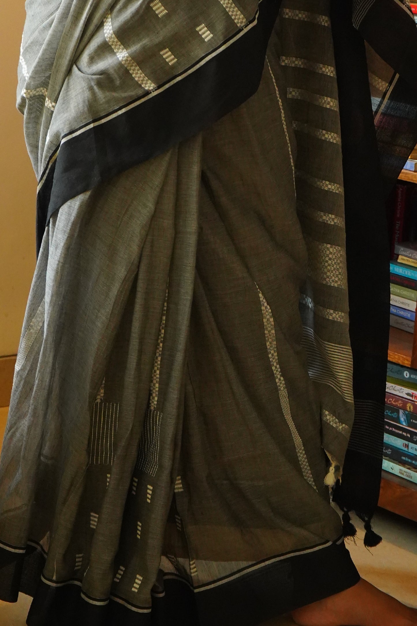 Grey Bengal Handloom Cotton Saree with Woven Stripes