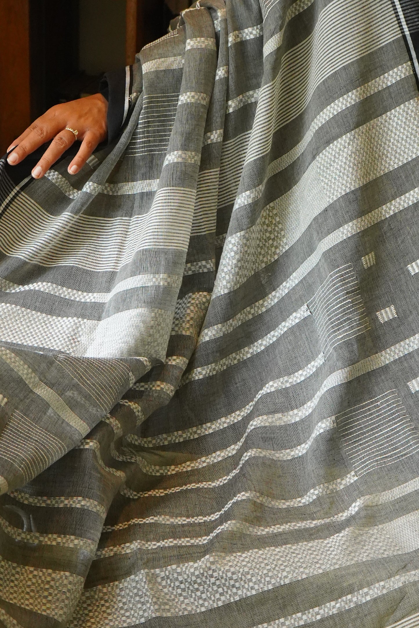 Grey Bengal Handloom Cotton Saree with Woven Stripes