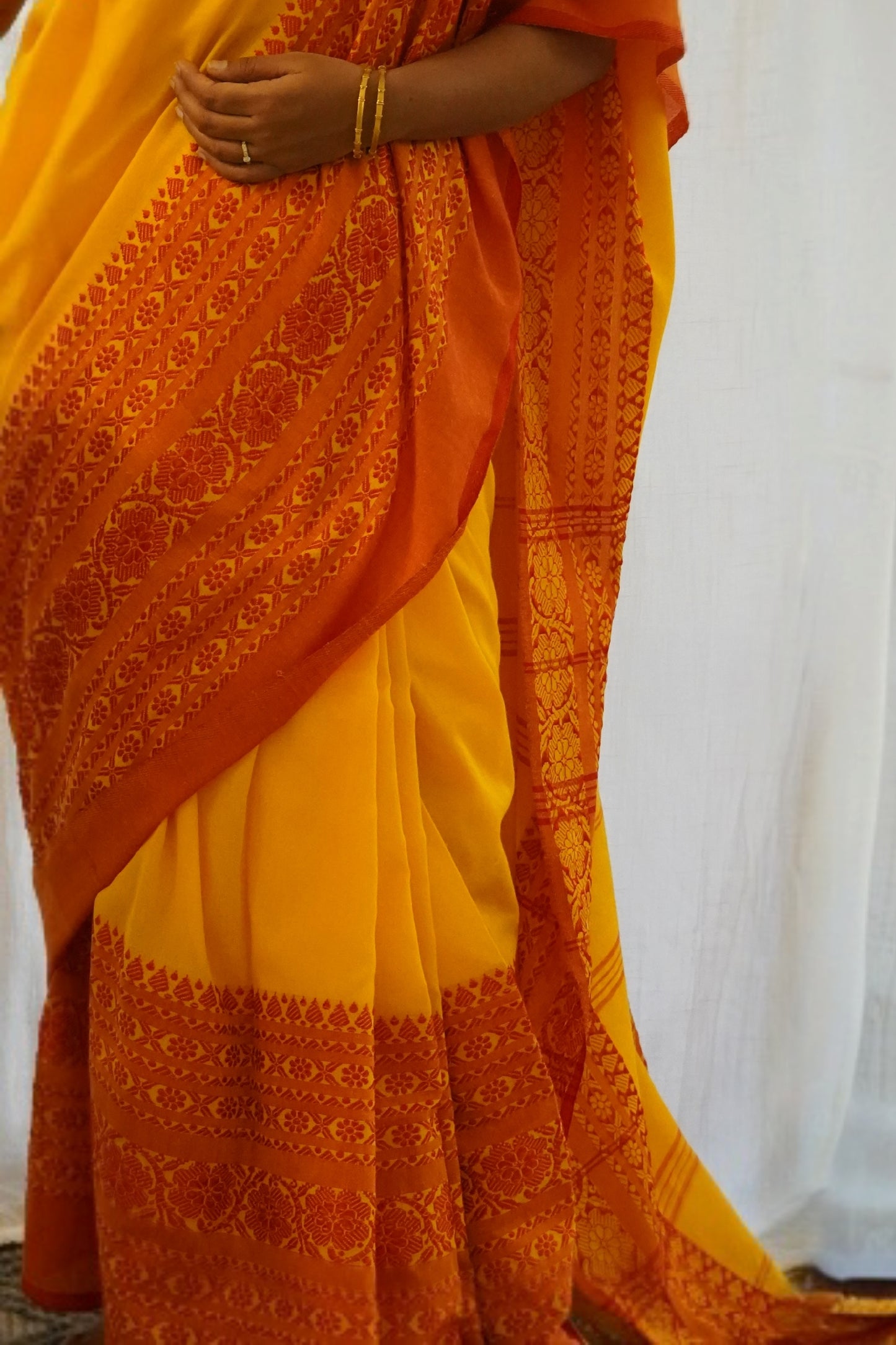 Yellow Pure Cotton Bengal Handloom Saree with Red Border