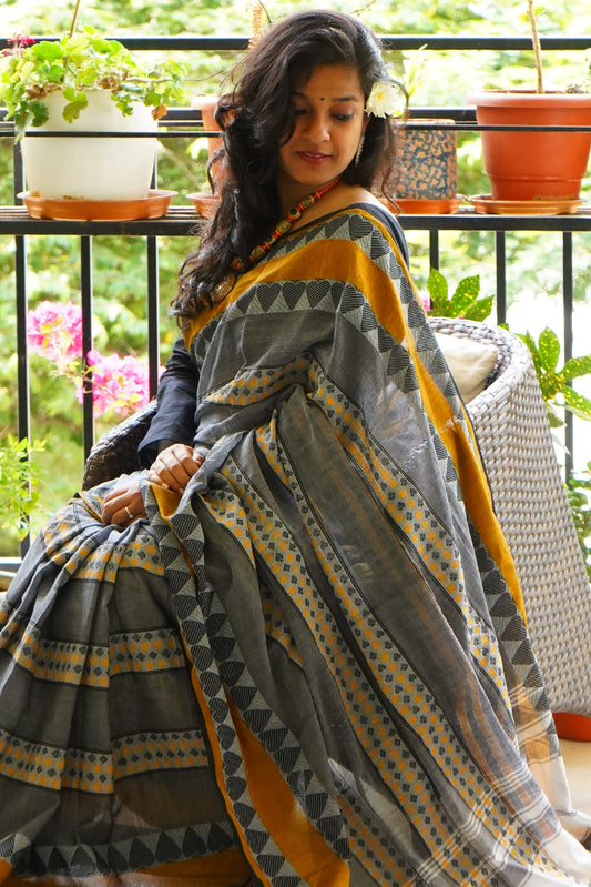 Bengal Handloom Cotton Grey Yellow Saree