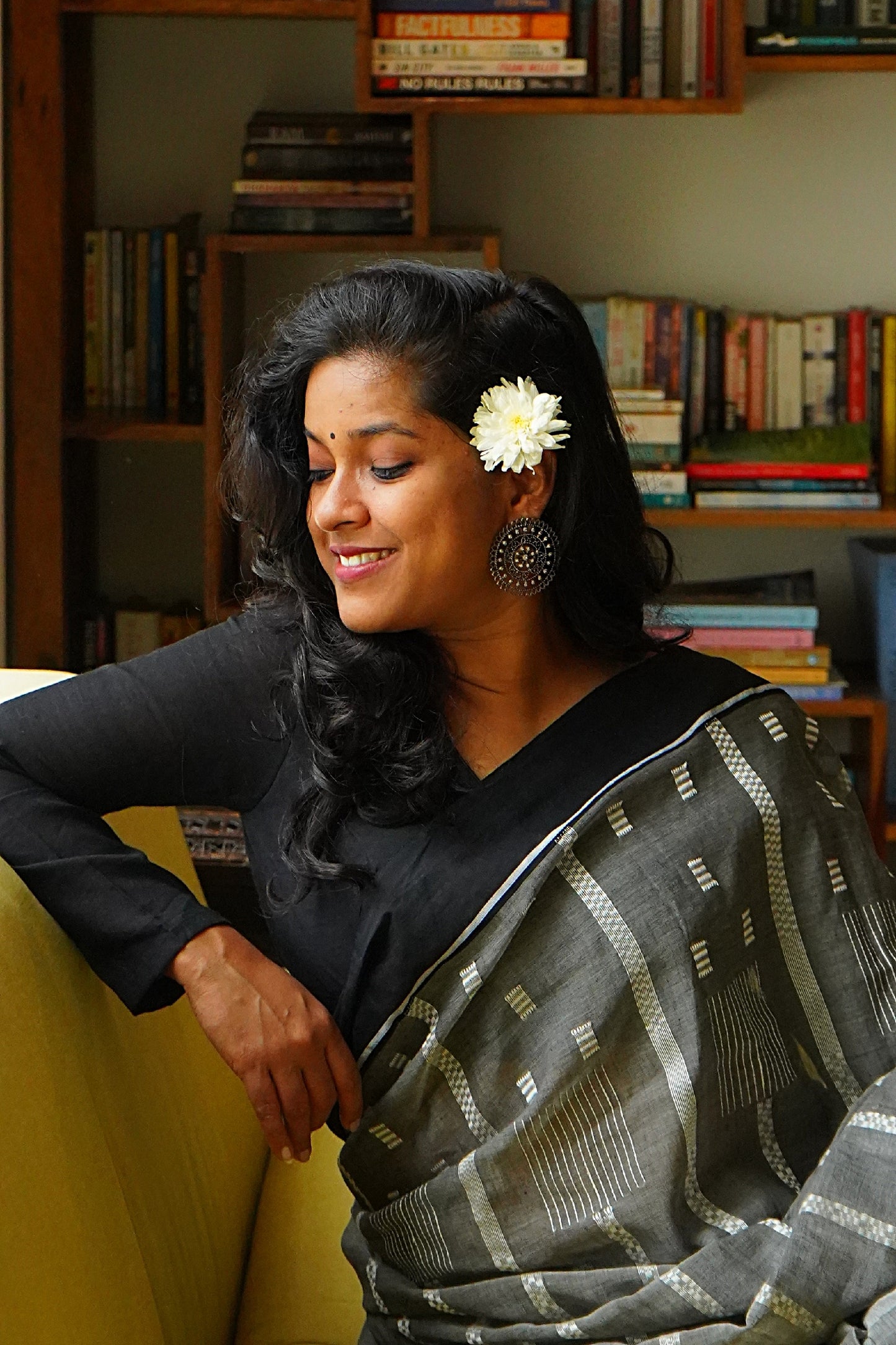 Grey Bengal Handloom Cotton Saree with Woven Stripes