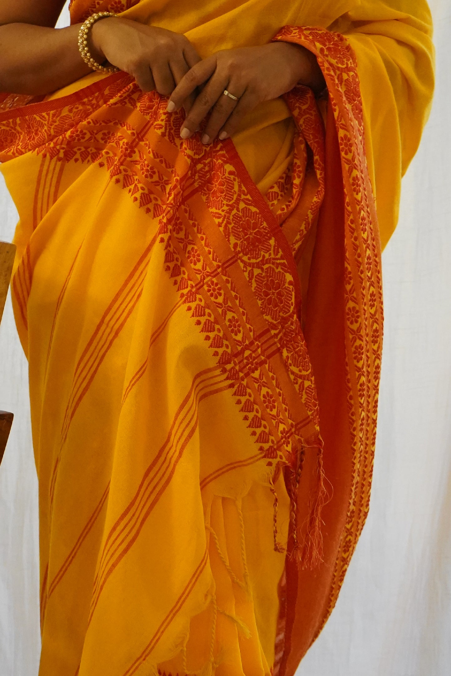 Yellow Pure Cotton Bengal Handloom Saree with Red Border