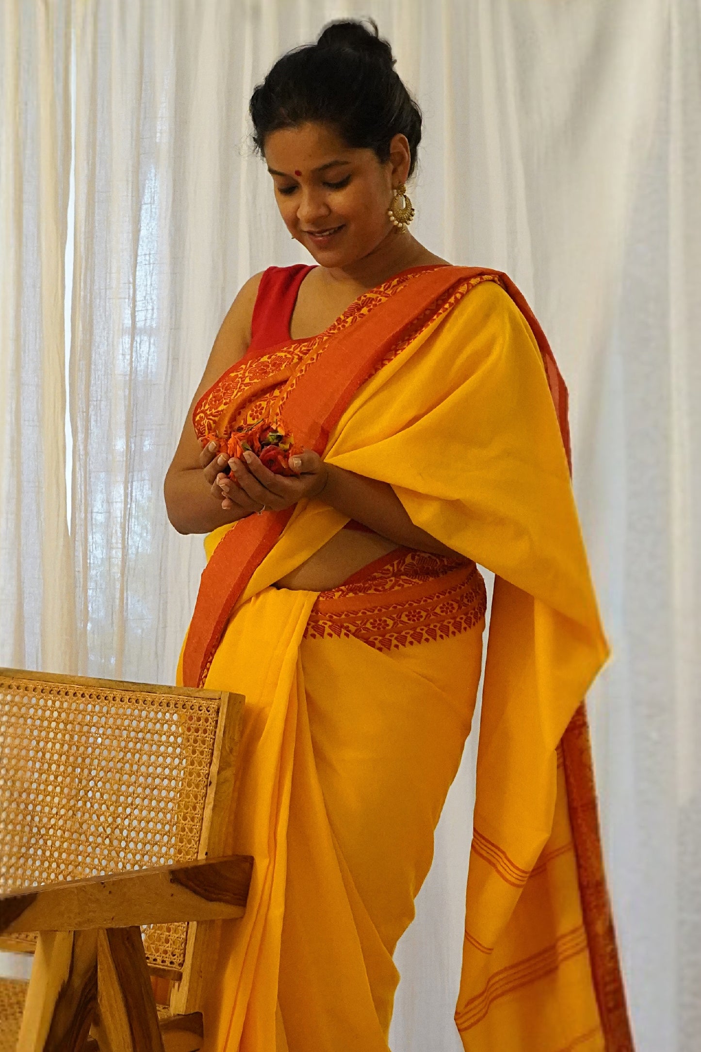Yellow Pure Cotton Bengal Handloom Saree with Red Border