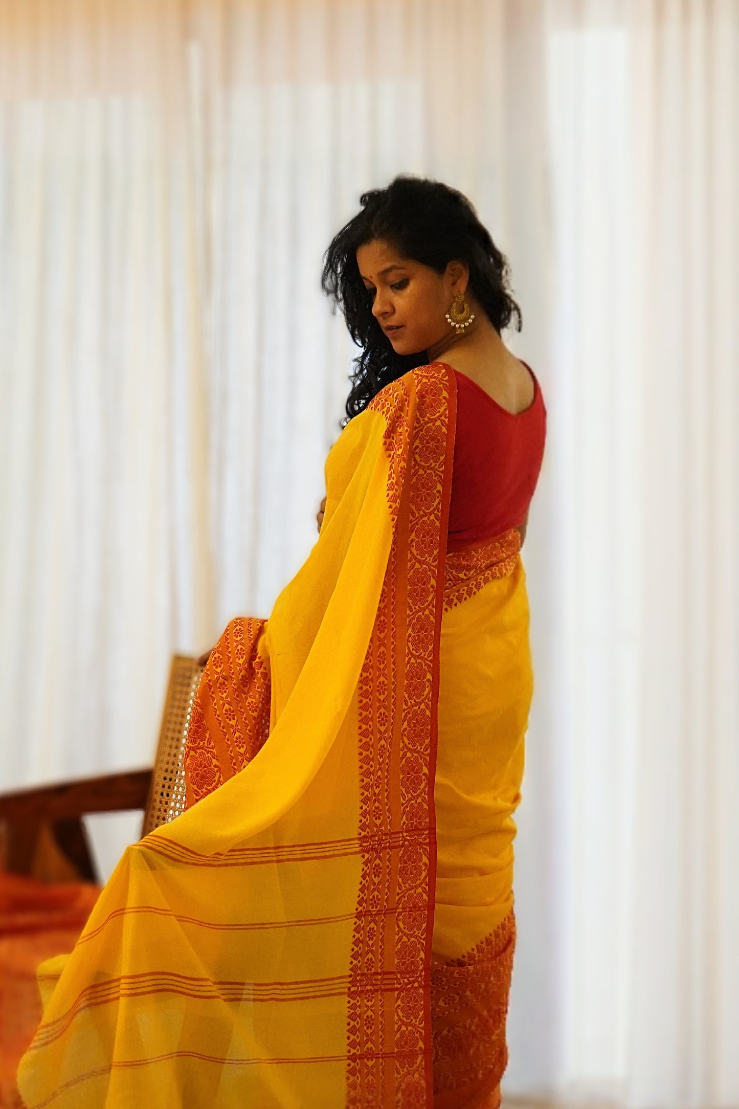Yellow Pure Cotton Bengal Handloom Saree with Red Border