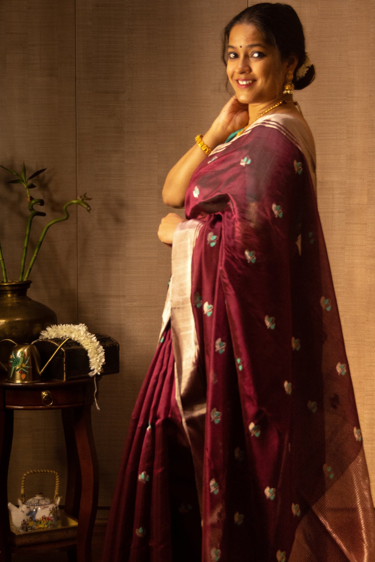 Wine Brown Pure Silk Chanderi Saree