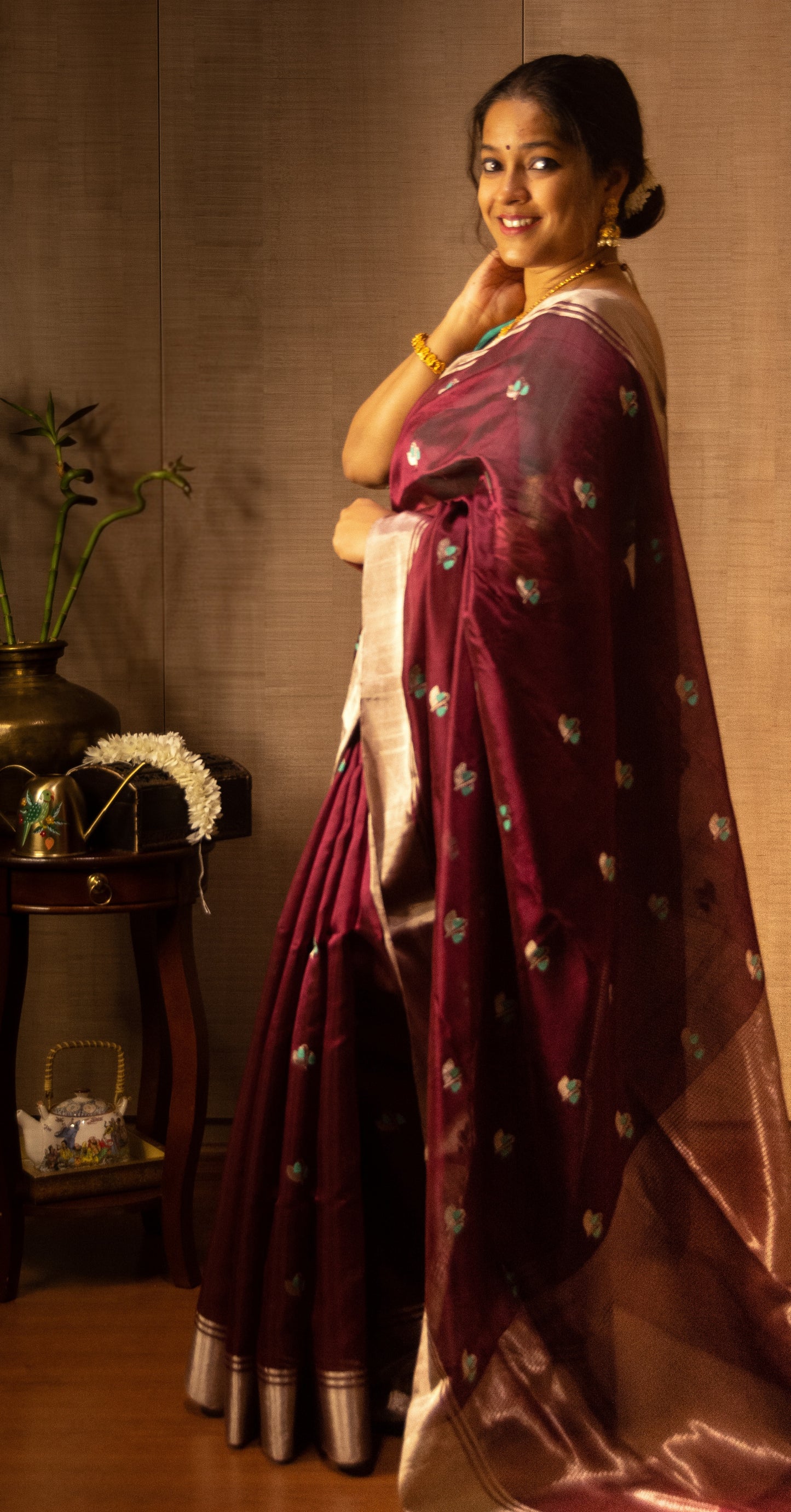 Wine Brown Pure Silk Chanderi Saree