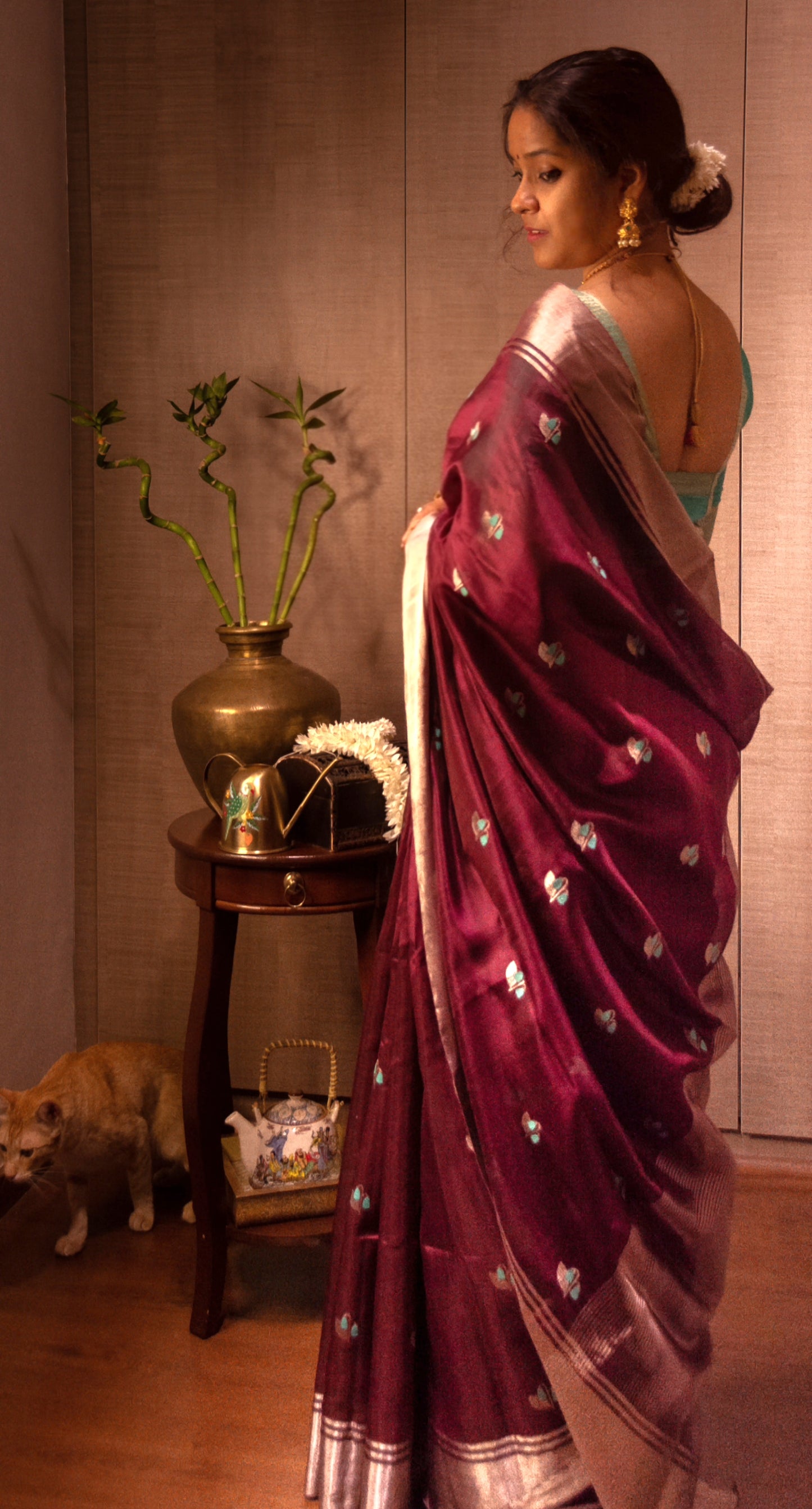 Wine Brown Pure Silk Chanderi Saree