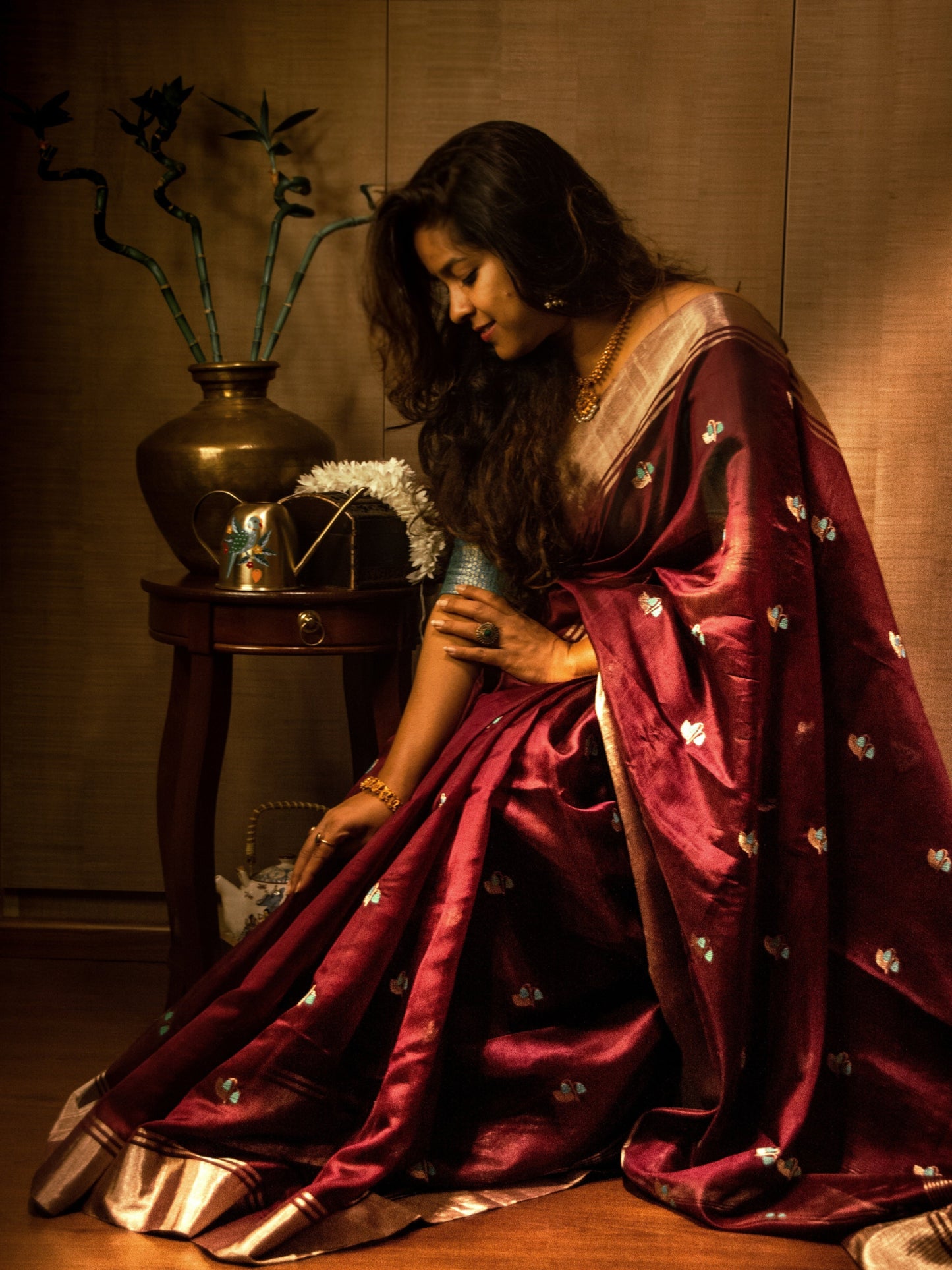 Wine Brown Pure Silk Chanderi Saree