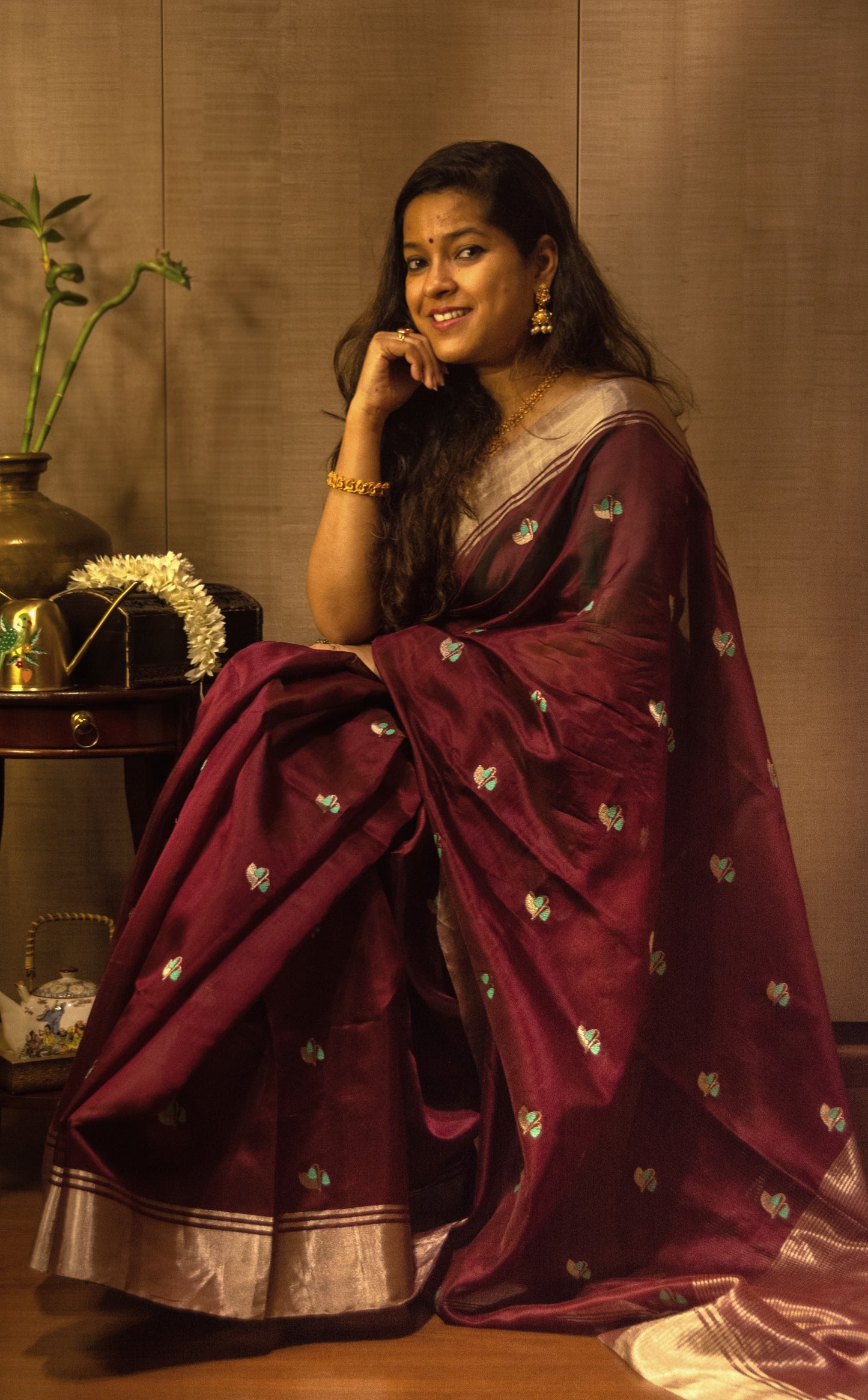 Wine Brown Pure Silk Chanderi Saree