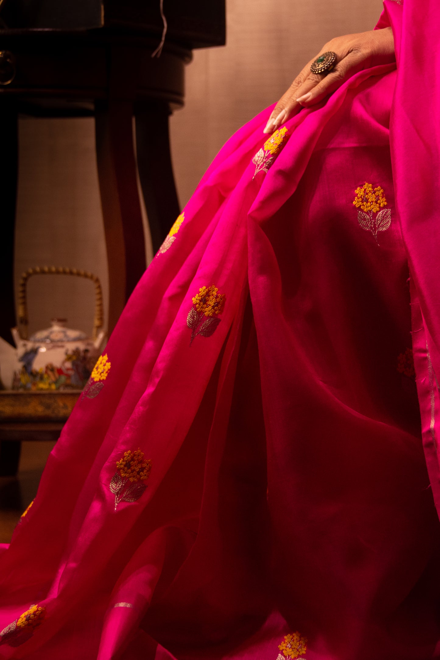 Pink with Yellow Butis Pure Silk Chanderi Saree