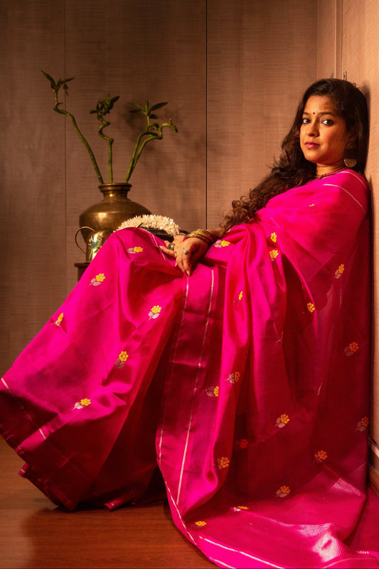 Pink with Yellow Butis Pure Silk Chanderi Saree