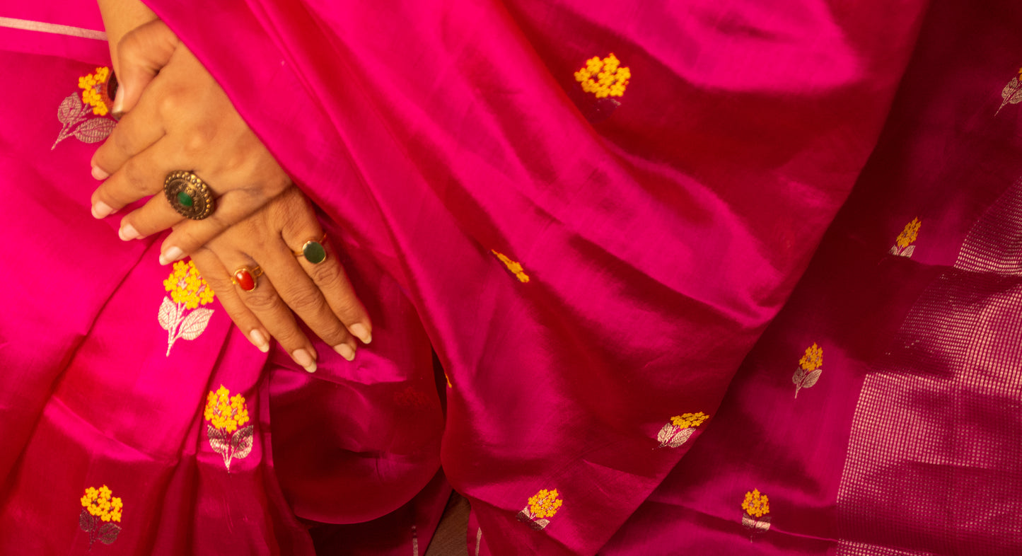 Pink with Yellow Butis Pure Silk Chanderi Saree