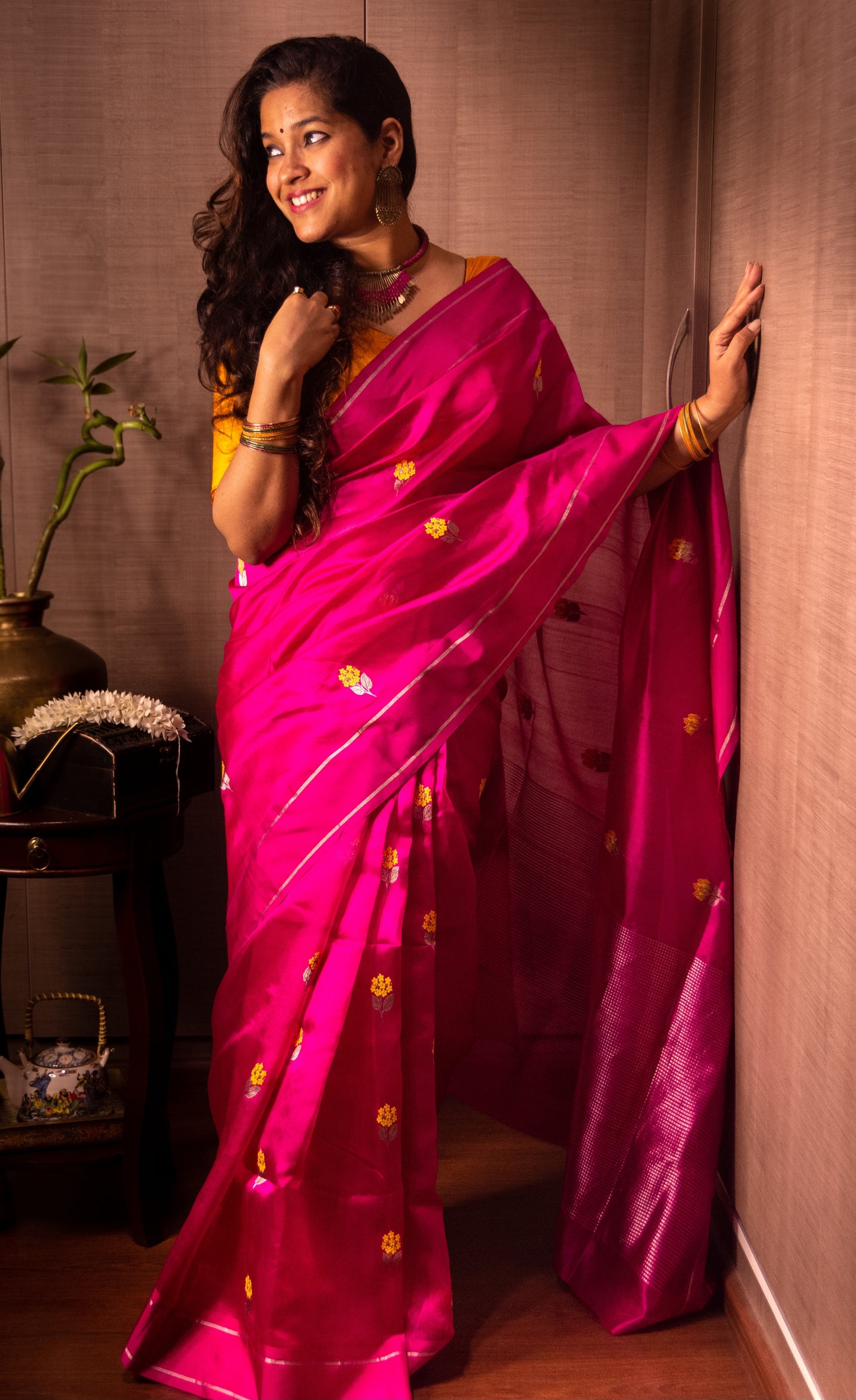 Pink with Yellow Butis Pure Silk Chanderi Saree